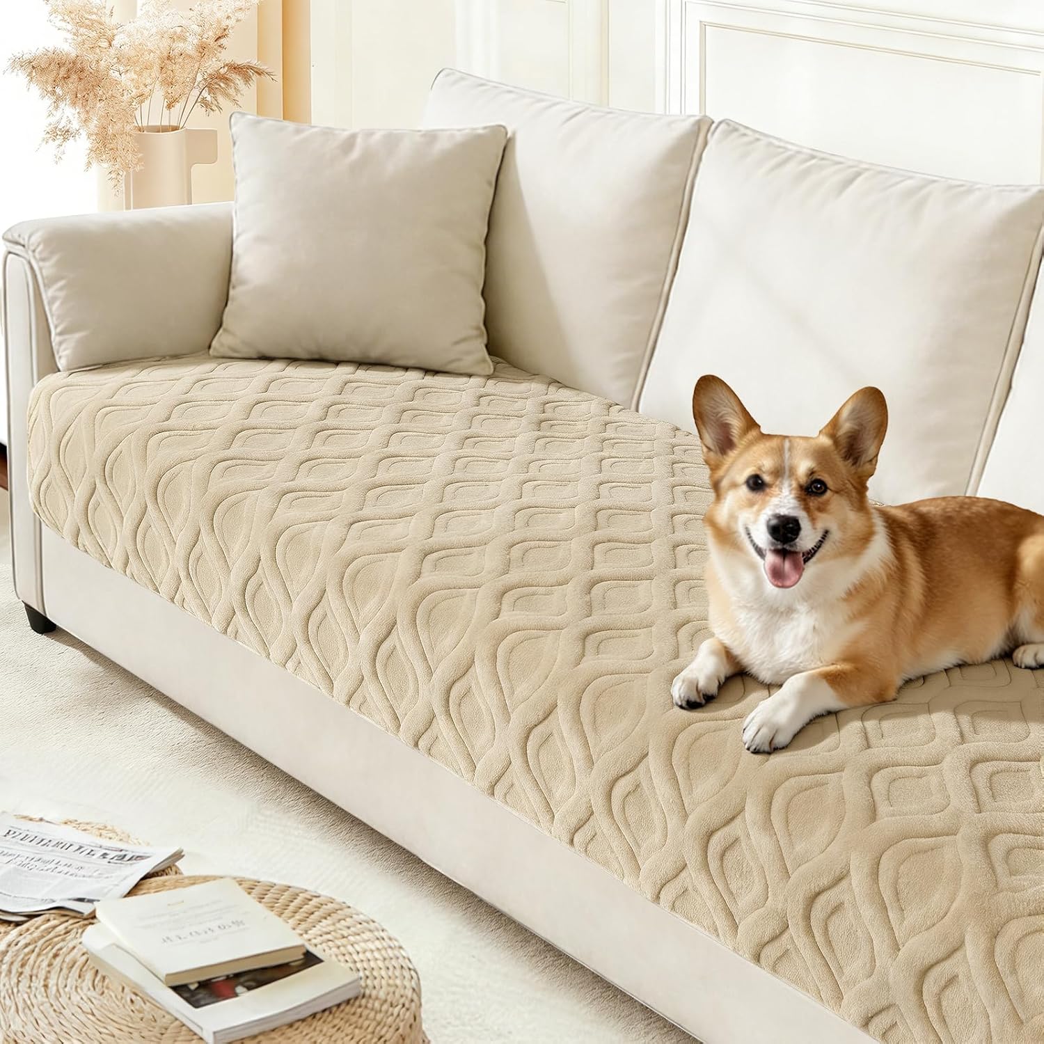 Arfntevss Couch Cover for Dogs Plush Washable Sofa Covers for 3 Cushion Couch Pet Friendly Fuzzy Slipcovers 3 Seat Anti-Slip Boho Sectional Furniture Protector (Jacquard Plush Coffee, 35.5" x 71")