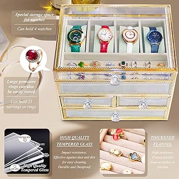 Youdepot ジュエリーボックス 時計ボックス 時計収納ケース ジュエリー収納 高級強化ガラスディスプレイストレージ グレーベルベット引き出し4個付き イヤリング リング ウォッチ ネックレス ブレスレット ディスプレイケース ギフト
