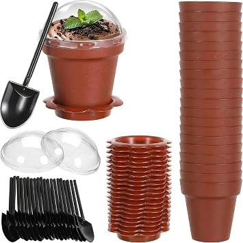 DOITOOL 20 Pack Flower Pot Dessert Cup with Lid and Shovel Spoon, 6.7 oz Plastic Cake Cups Small Flower Pots Chocolate Pudding Cups Yogurt Containers Holder for Ice Cream, Dirt Cake, Mousse DIY