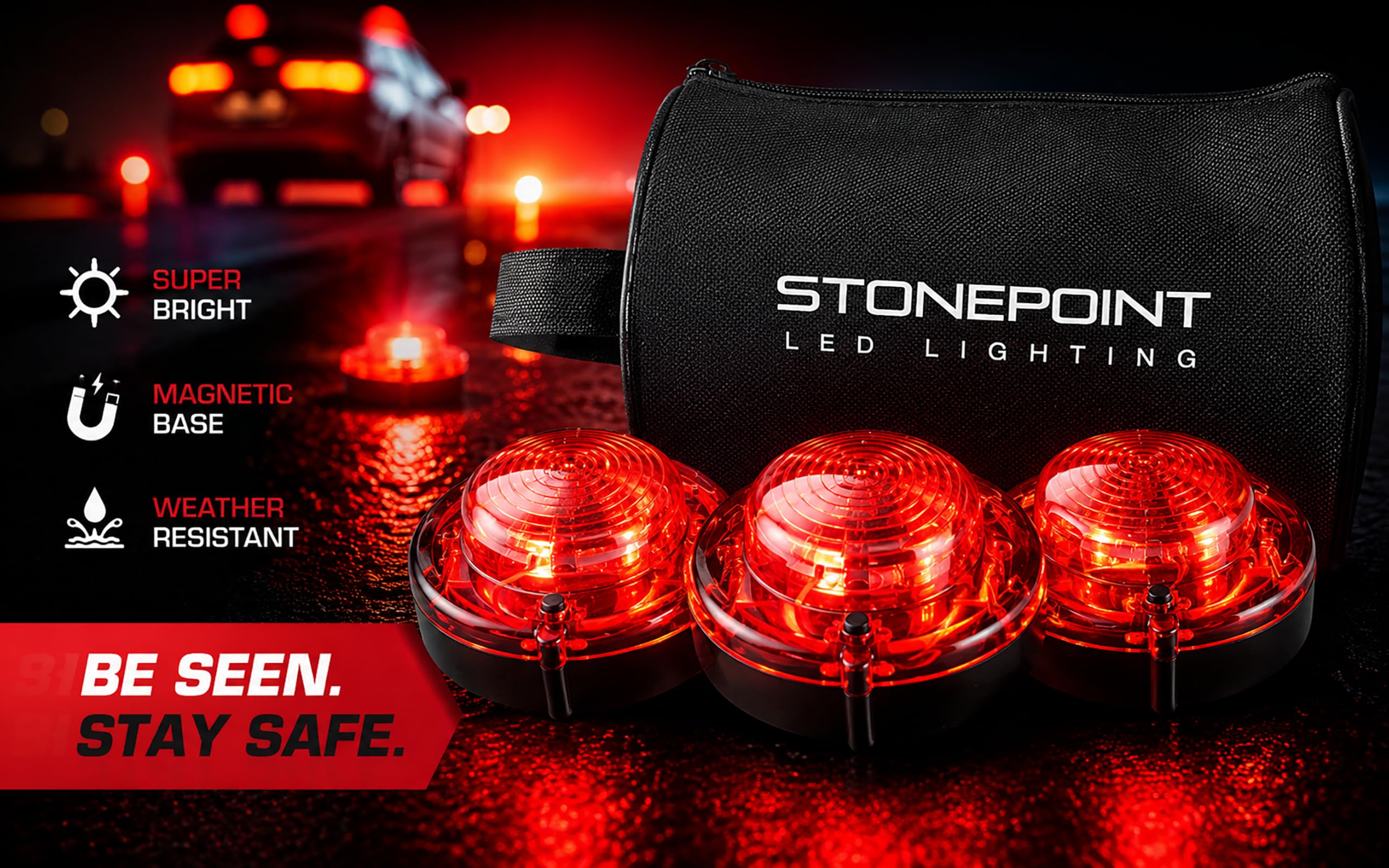 First Alert - Luces LED Rojas de Emergencia para Carretera, Juego de 3 Luces con Bolsa de Almacenamiento