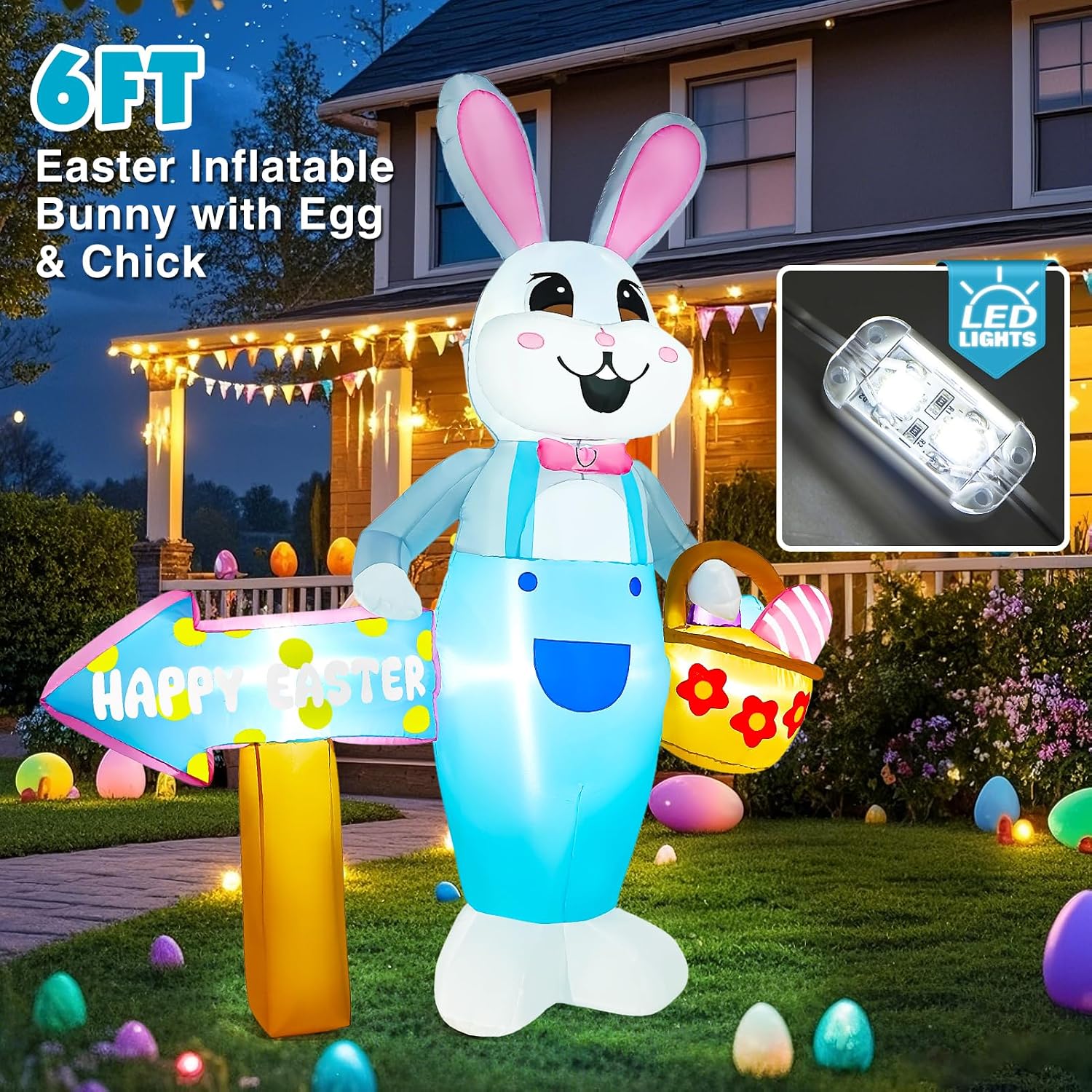 6FT Easter Inflatable Outdoor Decorations Gaint Easter Bunny with Colorful Eggs Basket & Direction Sign Blow Up Lighted Yard Rabbit Ornament for Spring Lawn Decor Garden Holiday Party Display