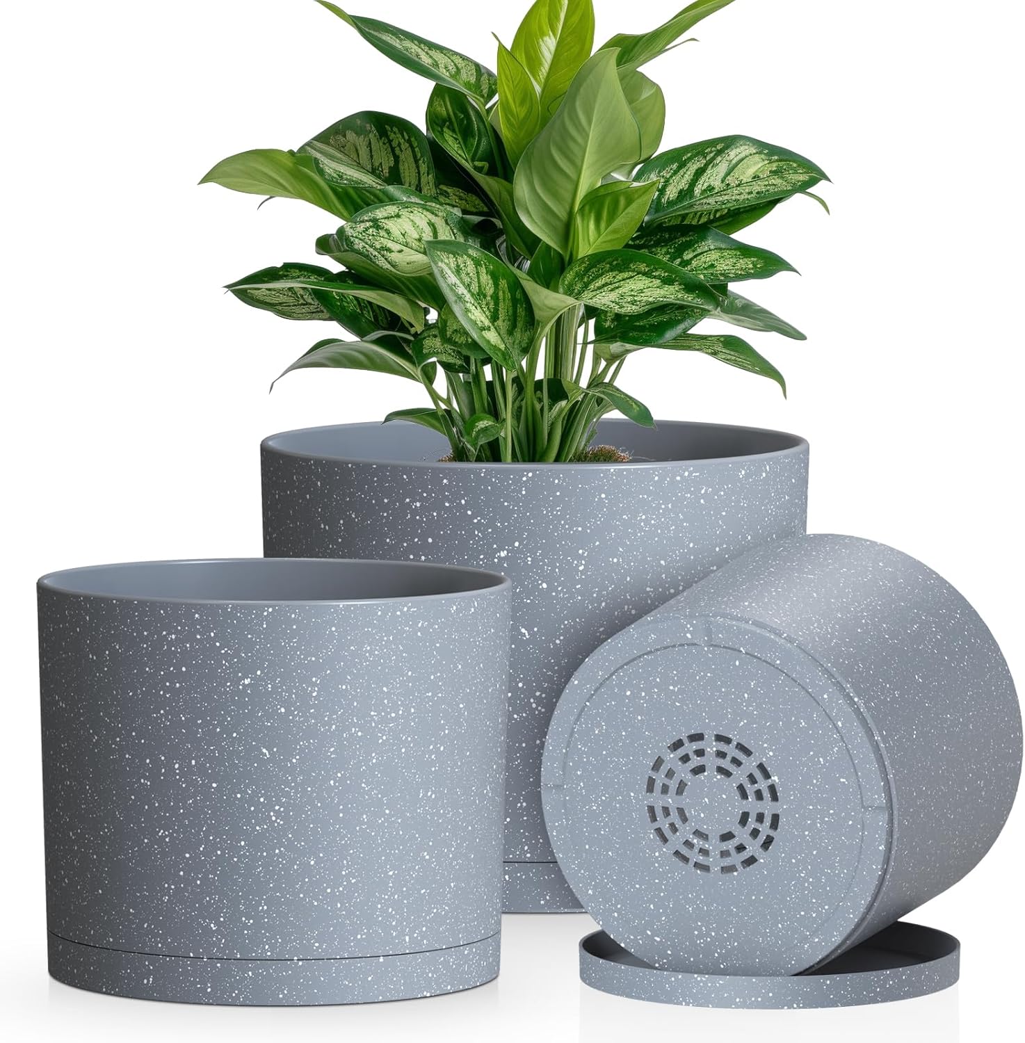 Plant Pots, 10/9/8 Inch 3 Pack Cylindrical Flower Pots with Drainage Holes and Saucers, Plastic Planters for Outdoor Indoor Plants,Grey with White Speckles