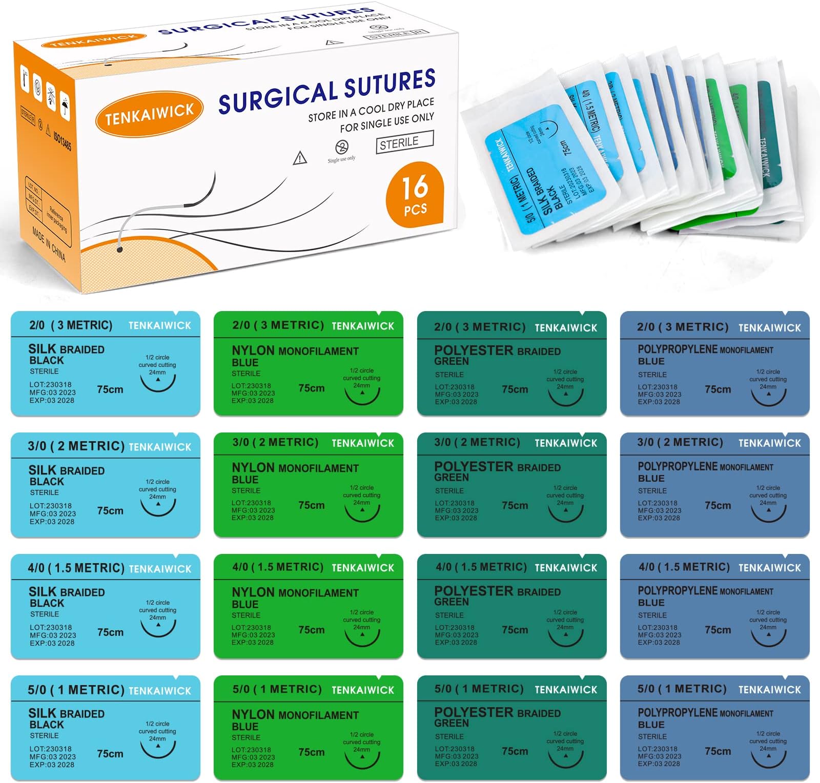 16 Packs Sutures Thread with Needle,Mixed Sutures, Training Threads (Non-Absorbable: Nylon, Polyester, Polypropylene,Silk,4 Material) for Practicing Suturing can be Used for Suture Pads, Fruit peels