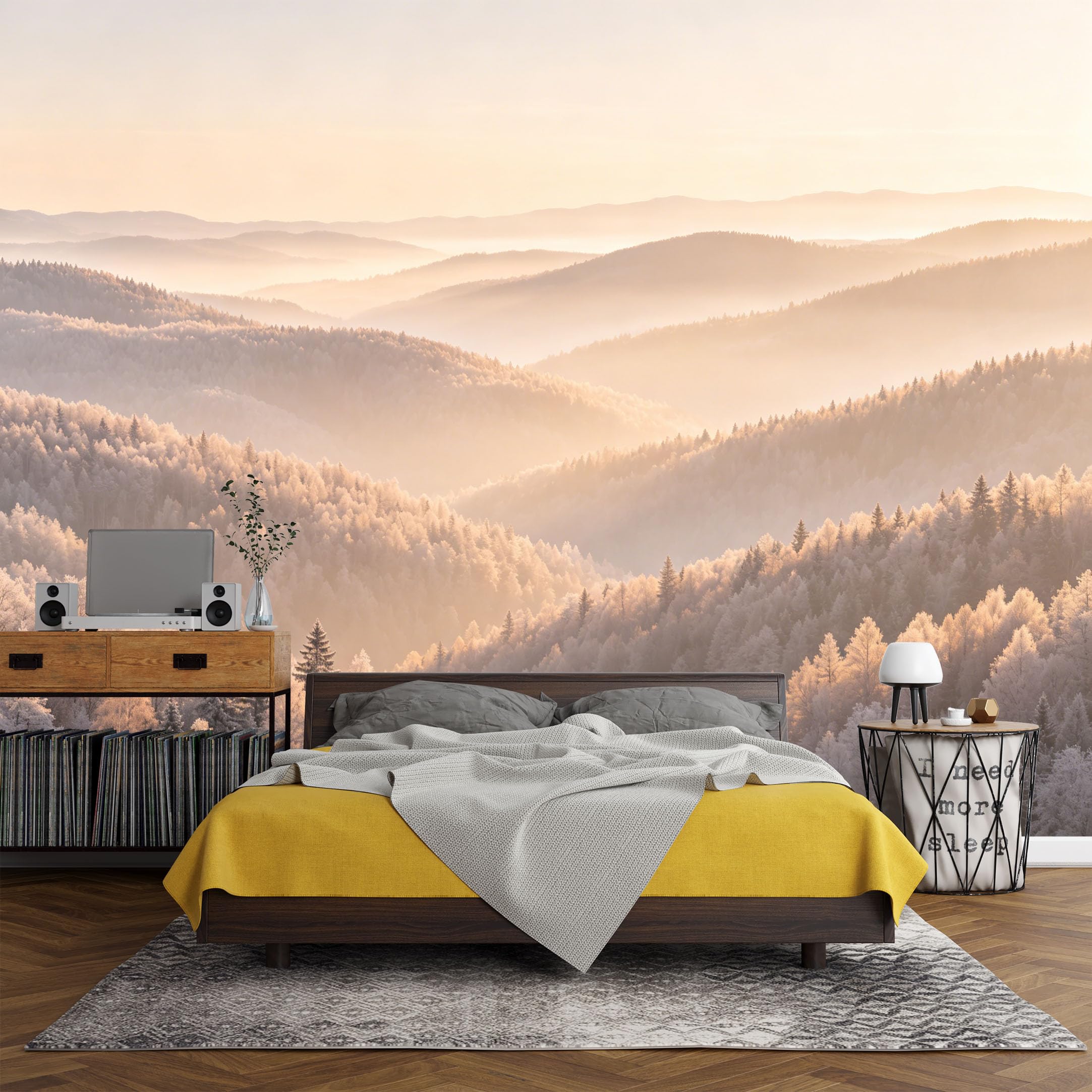 Custom Size Wall Mural Misty Mountain Landscape Sunrise Forest Pine Trees Nature View SelfAdhesive Art Prints wall Fabric（No PVC） Removable Wallpaper Living Room Decor