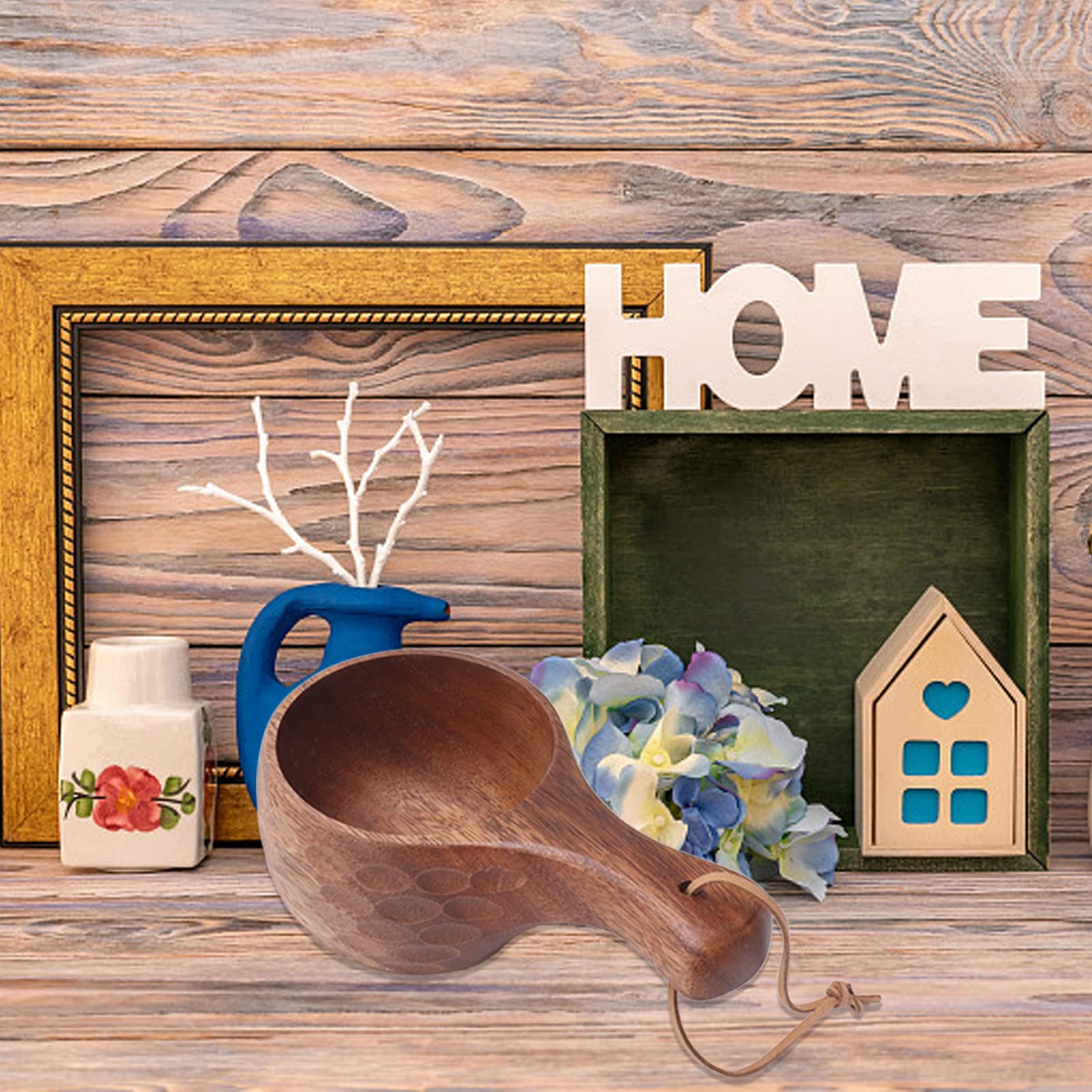 Wooden Camping Mug, Kuksa Wood Camp Mug with Leather Lanyard Nordic Style Wood Mug Drinking Cup Portable Hiking Tableware(#1)