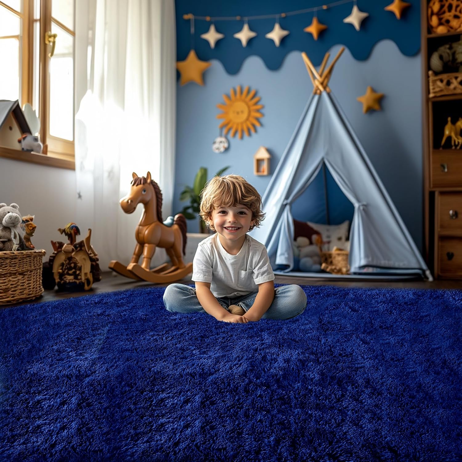 Blue Rug for Kids Room: Rugs for Room Boys- Blue Fluffy Rug for Bedroom （4x6 Feet.Blue