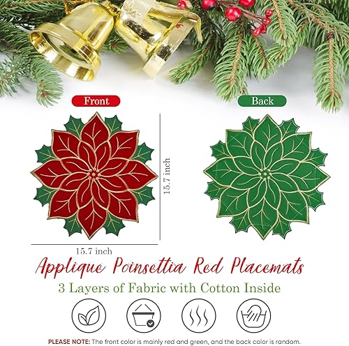 Miniatura 2 de Manteles individuales redondos de Navidad de flor de pascua, color rojo y verde, manteles individuales bordados con flores de Navidad, manteles