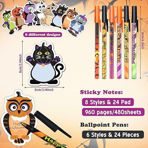 Miniatura 2 de Hojas de bolígrafo de notas adhesivas de Halloween, 24 almohadillas de calabaza, fantasma, gato, extraño y espeluznante, divertido bloc de notas,