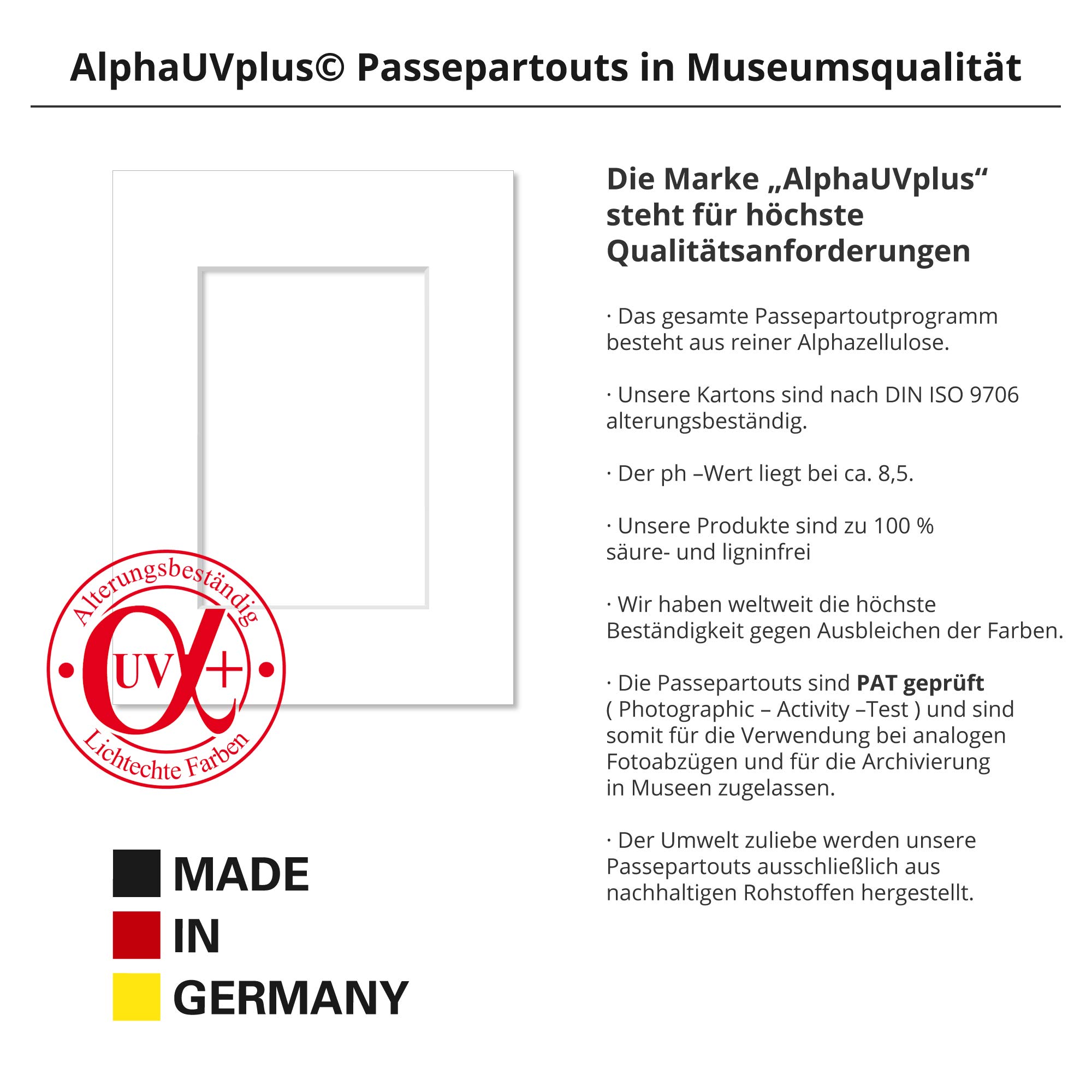 Passepartout Premium Museumsqualität - Reinweiß - 1 Stück - Außen: 40x50 / für Bildgröße: DIN A3-34 Farben zur Auswahl in Allen Standardgrößen