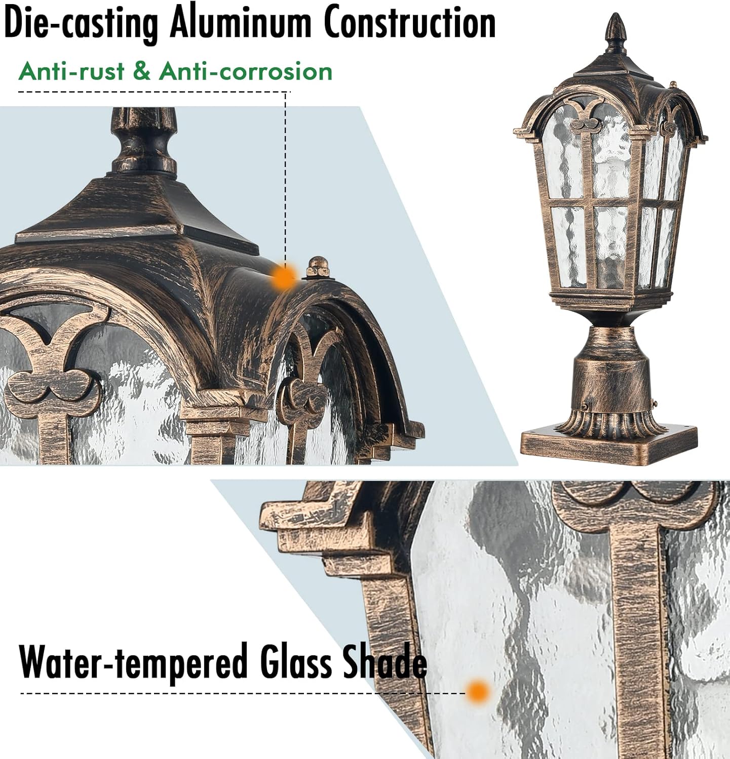 YUBOLE Outdoor Post Light, Exterior Pole Lanten, Waterproof Cast Aluminium Post Light Fixture with Water-Tempered Glass Shade, E26 Based Post Lamp for Garden, Driveway, Backyard- Antique Brass