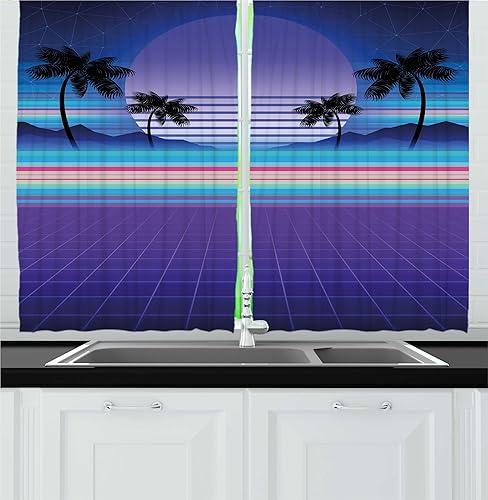 Ambesonne Synthwave Cortinas de cocina, diseño retrowave de rayas coloridas y palmeras galácticas luna, juego de 2 paneles para decoración de cocina