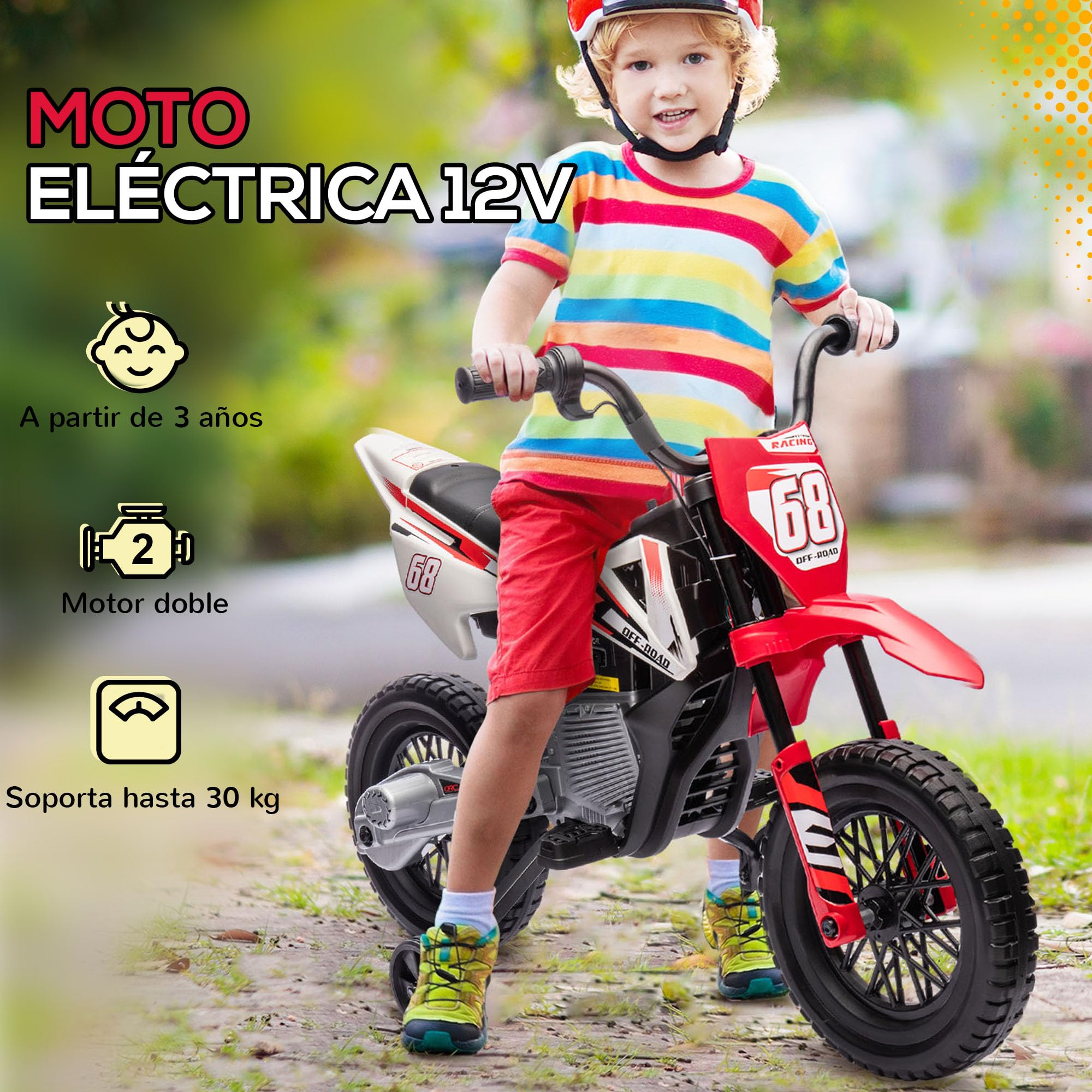 AIYAPLAY Moto Eléctrica Infantil 12V 2,4-5 km/h con Ruedas Auxiliares Desmontables, Carga 30 kg, Rojo