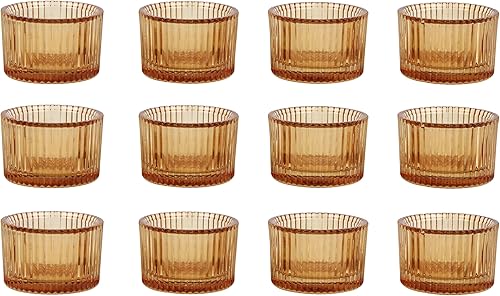 Miniatura 3 de Vixdonos Juego de 12 portavelas de vidrio con rayas verticales, pequeños y bonitos portavelas votivas a granel para centros de mesa, fiestas, bodas