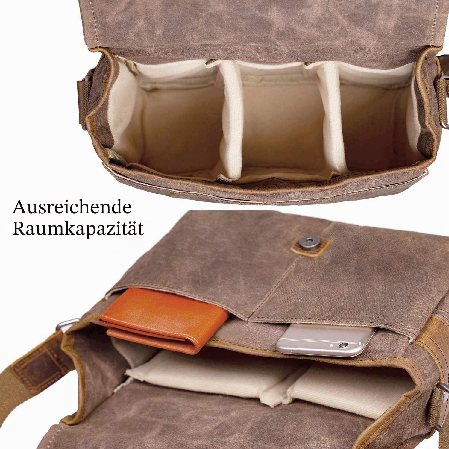 ONEGenug SLR-Kameratasche, wasserdichte Wachs-Segeltuchtasche Vintage Kameratasche Messenger Bag mit Interlayer Pad (Khaki)