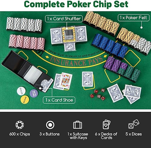 Miniatura 3 de GYMAX Juego de fichas de póquer, 600 fichas de casino Texas Hold 'em con estuche de transporte, 6 mazos de cartas, 5 dados y 3 botones de