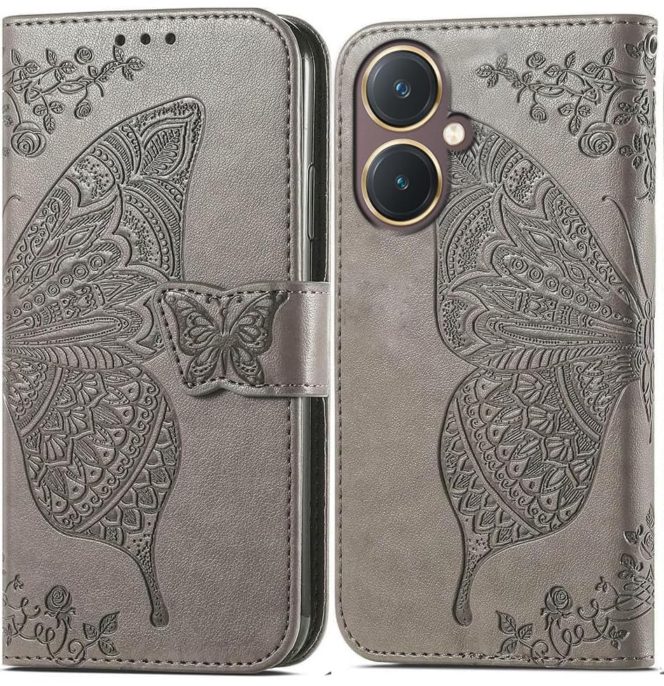Image of ClickCase Butterfly Series for vivo Y27 Leather Embossing Wallet Flip Case Kick Stand Magnetic Closure Flip Cover for vivo Y27 (Grey)