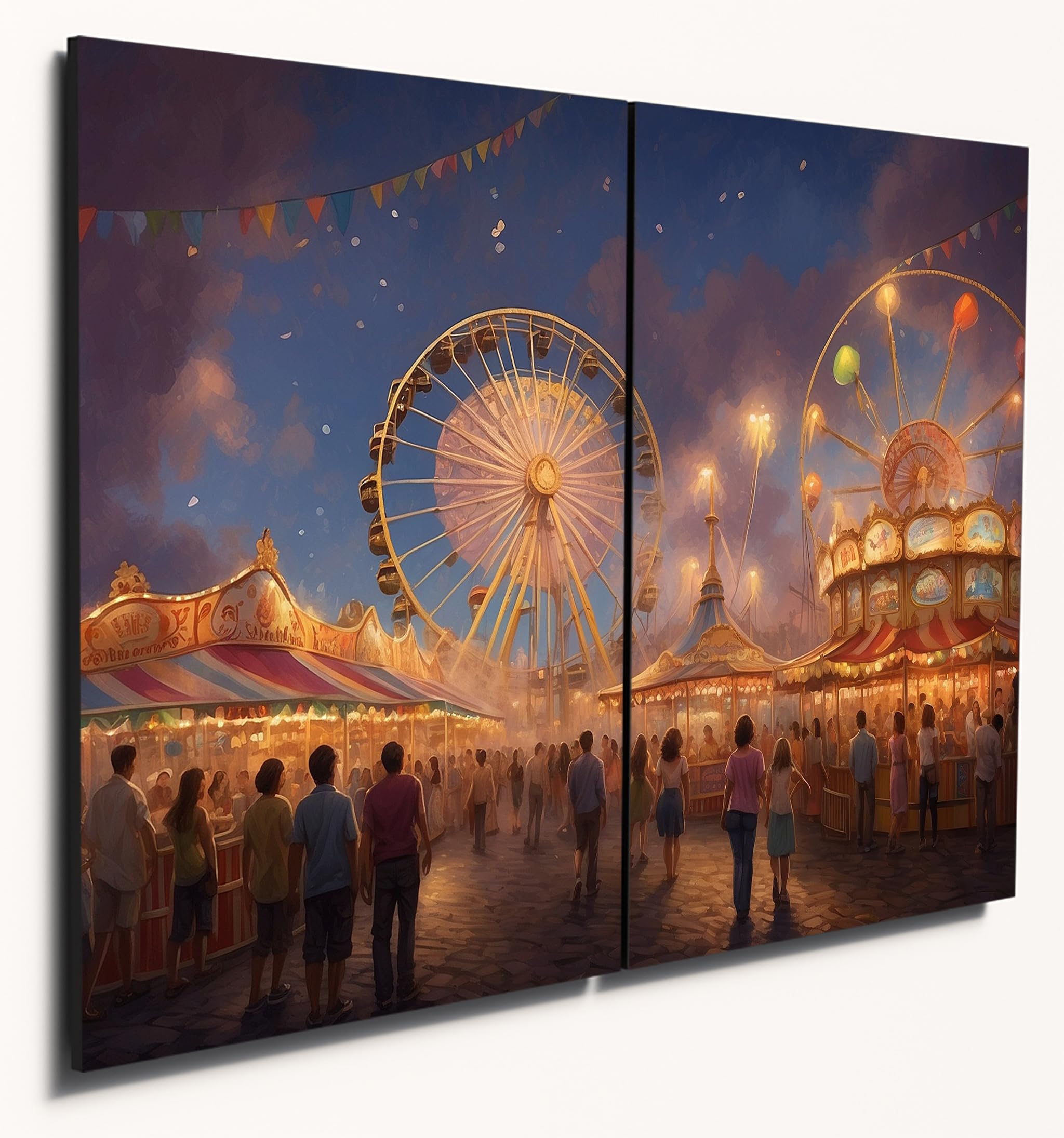 The Plum Penguin Twilight Carnival Funfair Scene Wall Art, A4 Twin Set, Printed on 6mm MDF Wood Canvas Alternative 40 x 30cm
