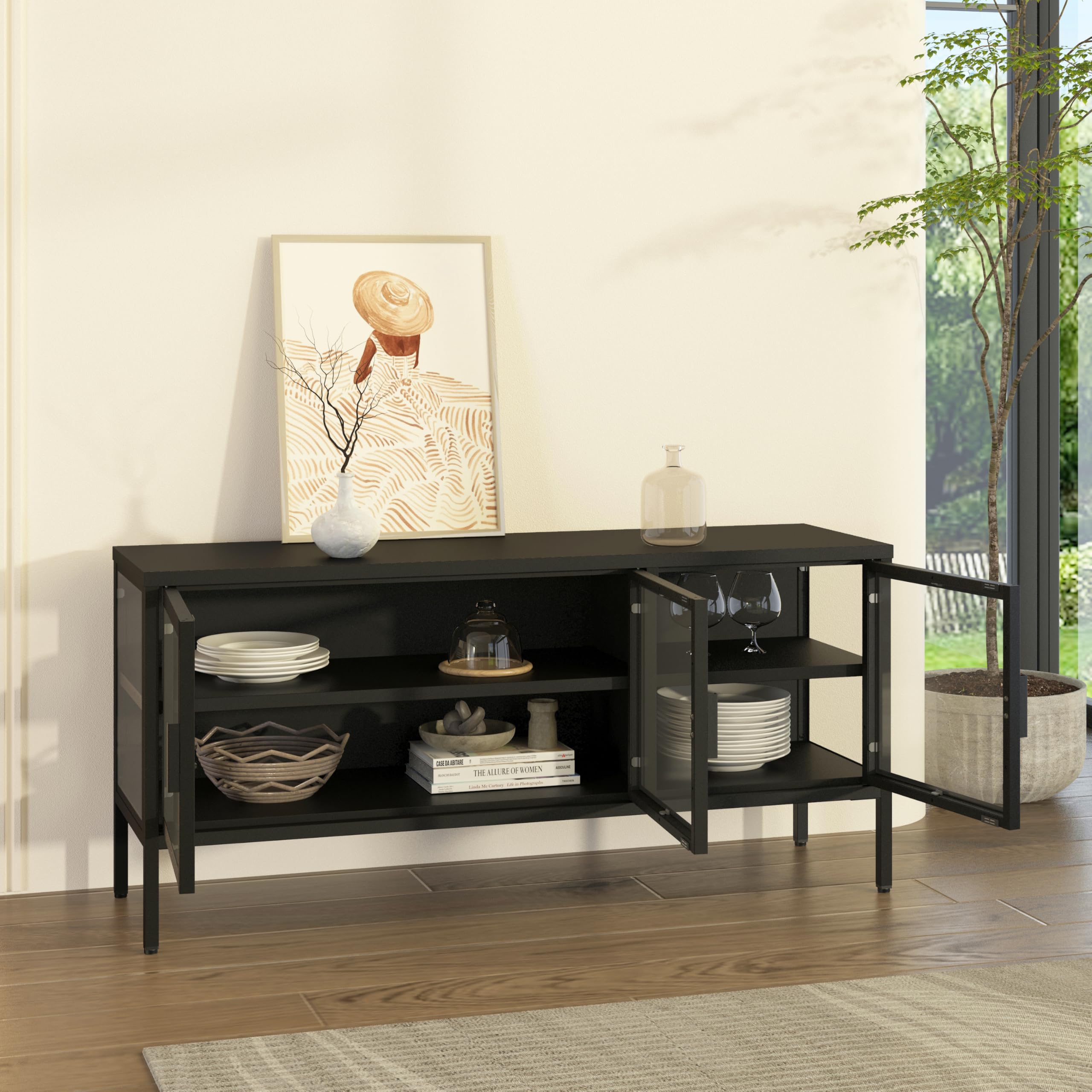 [en.casa] Armadietto con Vetrina Mobile TV in Acciaio Nero con 3 Ante in Vetro Temperato Mobile Contenitore Moderno per Soggiorno Ufficio 55 x 118 x 35 cm