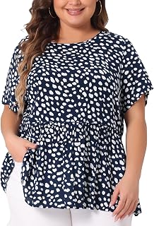 Plus Size Top for Women Polka Dots Crew Neck Short Sleeve Peplum Tops Shirts