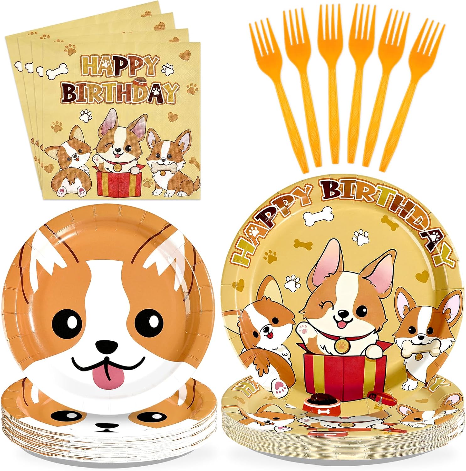 96Pcs Corgi Welsh Dog Birthday Party Decoration Cartoon Puppy Plates and Napkins Cute Corgi Themed Tableware Set for Kids Birthday Baby Shower Pets Dog Gotcha Day Party Supplies, Serves 24