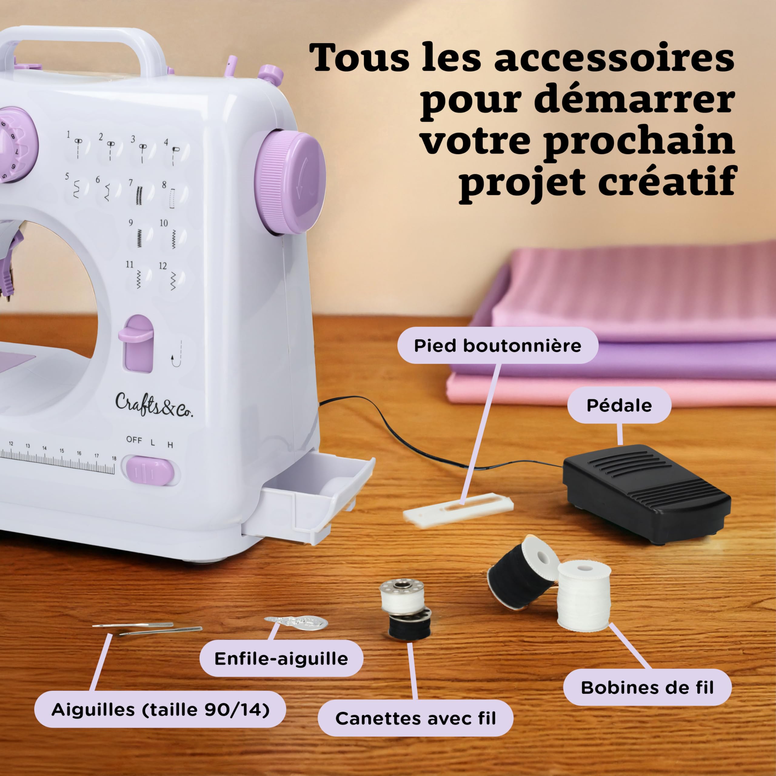 Crafts&Co® Machine à Coudre Portable Blanche | Mini Machine à Coudre Enfant avec & Pédale | 12 Points | Vitesse Réglable | Machine à Coudre Débutant | Machine à Coudre Pas Cher | Machine à coudre manuelle avec lumière LED intégrée et pédale de pied, 12 po