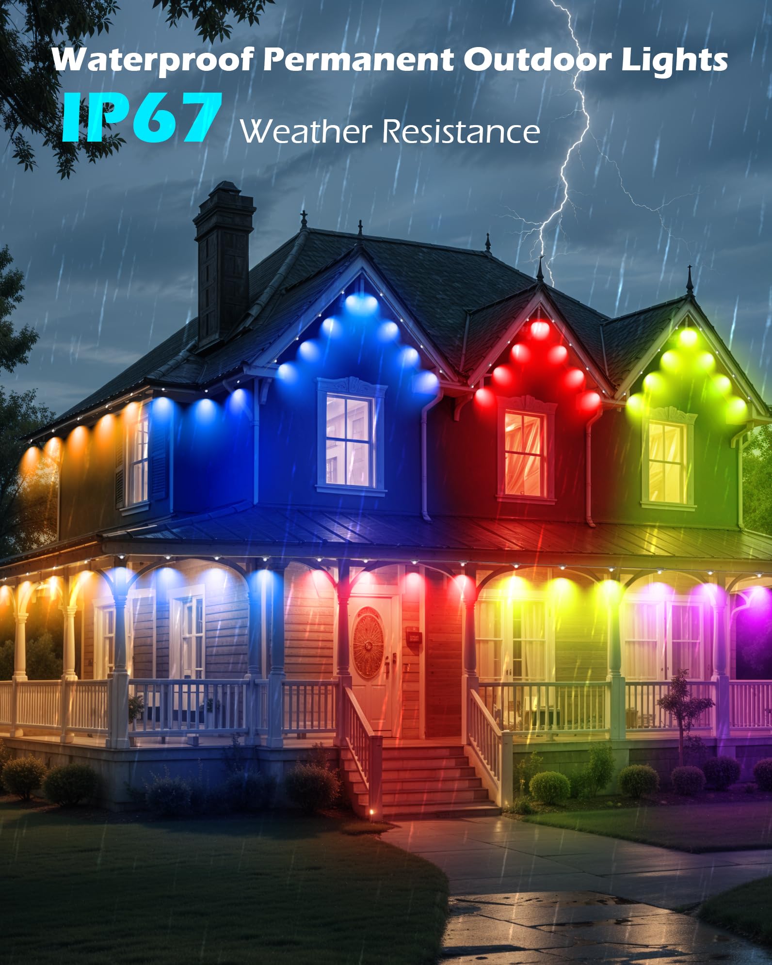 Luces de Navidad permanentes – Luces permanentes para exteriores de 50 pies para casa, IP65 impermeables LED permanentes luces de Navidad para exteriores, luces RGB para decoración de Navidad