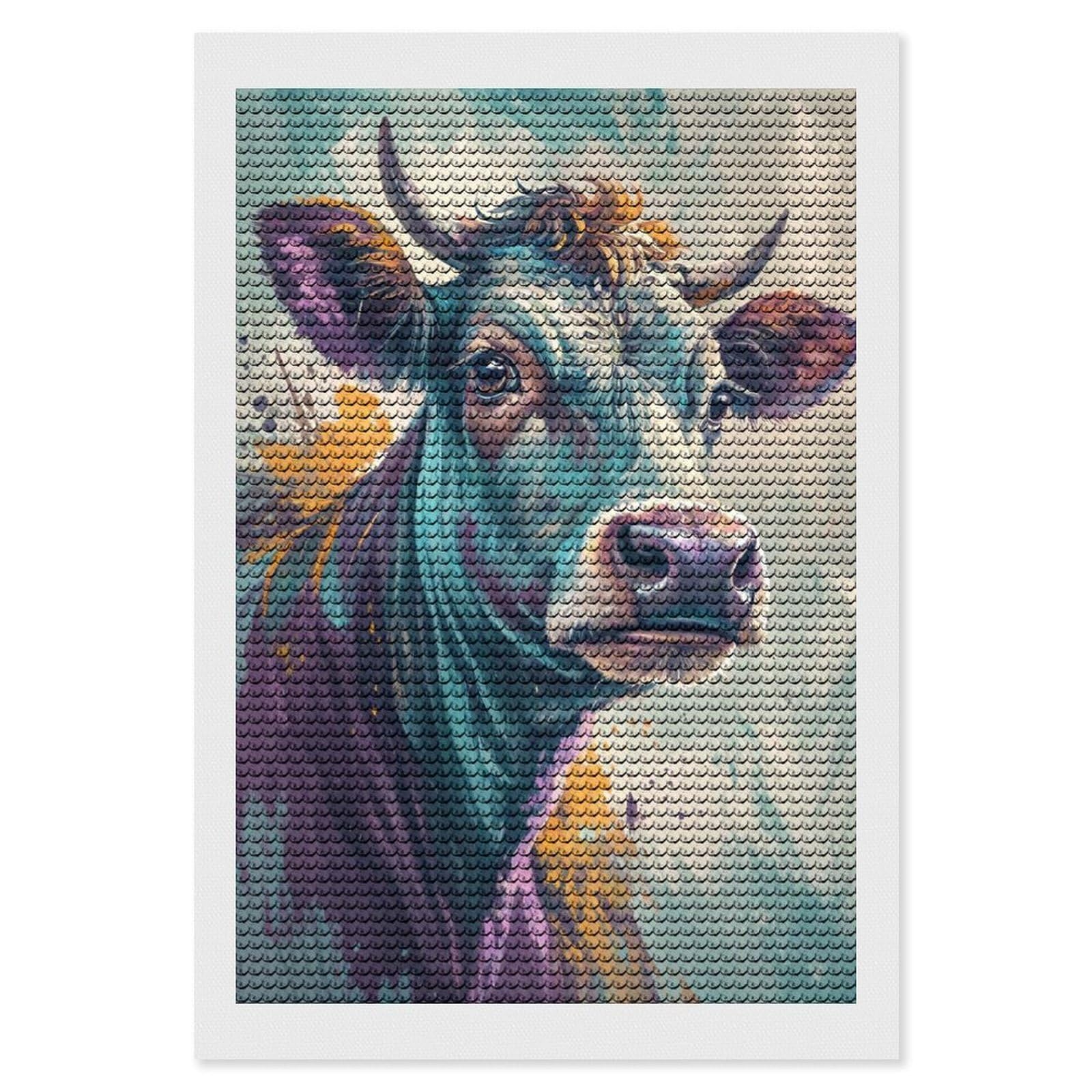 Junmoney Colorful Cow Portrait 5D Diamond Painting Kit 8"x12", Relaxing DIY, Mindful Craft Project, Full Kit Included, Thoughtful Present