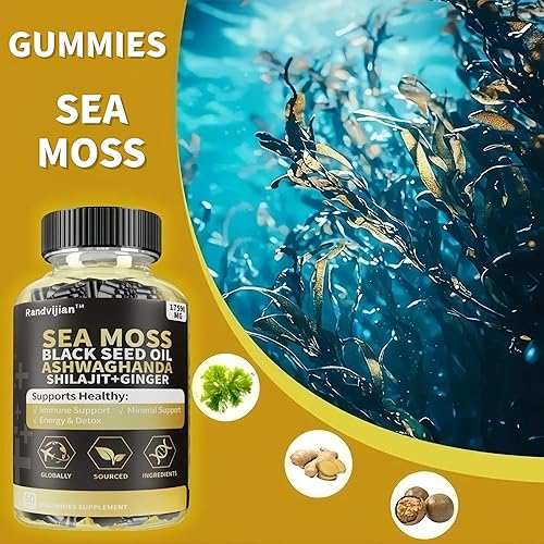 Miniatura 5 de Complejo de musgo marino con aceite de semilla negra, Ashwaghanda, Shilajit y jengibre, 60 gomitas, 17590 mg, apoyo inmunológico y energético
