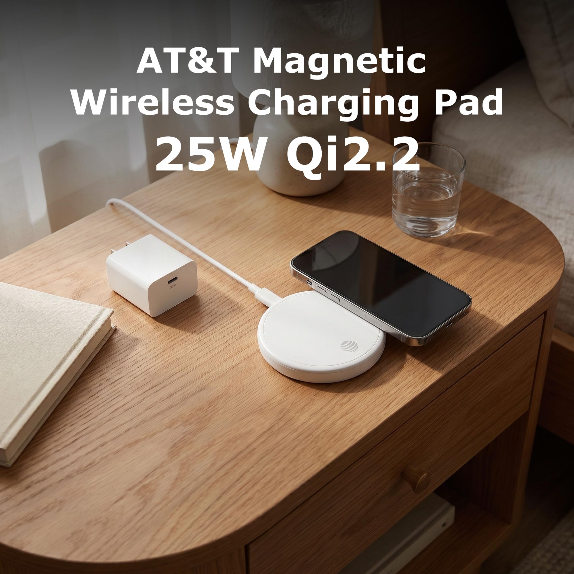 AT&T 25W Qi2 2 Pad di ricarica wireless magnetico costruito in cavo USB C | Rilevamento di oggetti estranei, allineamento magnetico, design compatto sottile, telefoni compatibili, comodino da scrivania
