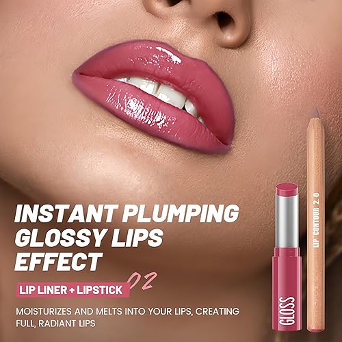 Miniatura 5 de Juego combinado de 2 delineadores de labios y lápiz labial, 2 en 2, impermeable, de larga duración, lápiz delineador de labios mate y brillo labial