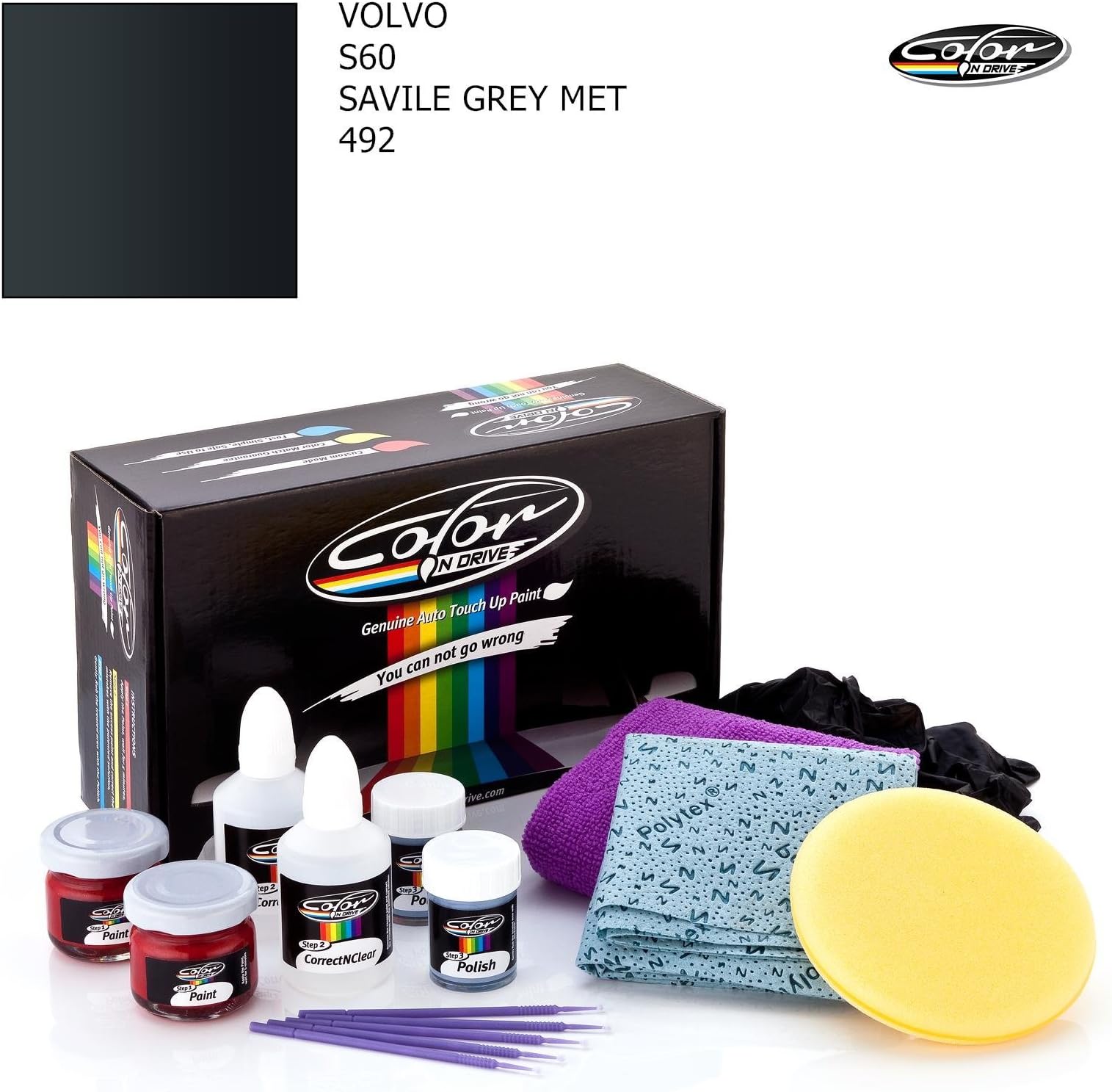VOLVO S60 / SAVILE GREY MET - 492 / COLOR N DRIVE TOUCH UP PAINT SYSTEM FOR PAINT CHIPS AND SCRATCHES / BASIC PACK
