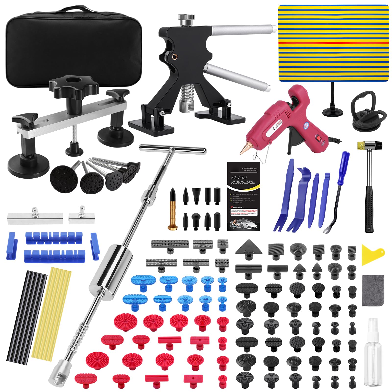 PDR TOOLS - Kit de eliminación de abolladuras sin pintura para coche - Herramientas de eliminación de abolladuras Carrocería con martillo extractor, ventosas y accesorios, kit de reparación de