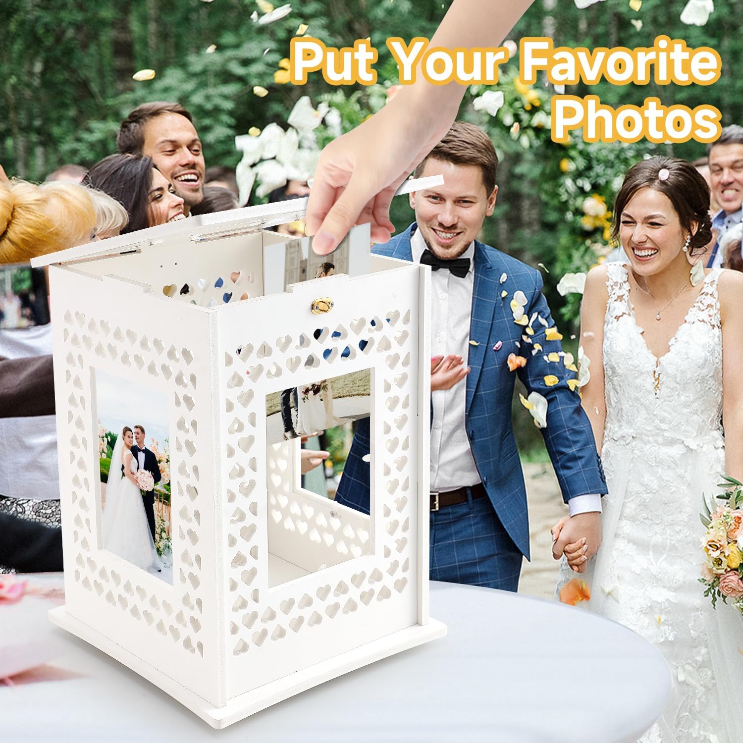 EARTHSON Wedding Card Box with Picture Frame Rotatable Gift Card Box for Wedding Reception, 5”*7” Photo Large Money Envelope Box Holder with Lock for Graduation Party Birthday Baby Shower