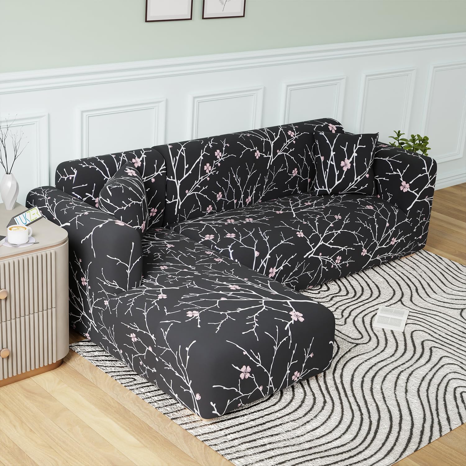Gifts Island Universal Sectional 180 GSM Sofa Cover L-Shape Non-Slip Sticky Elastic Stretchable Chaise Slipcover Protector for Livingroon, Black Stem-image-34