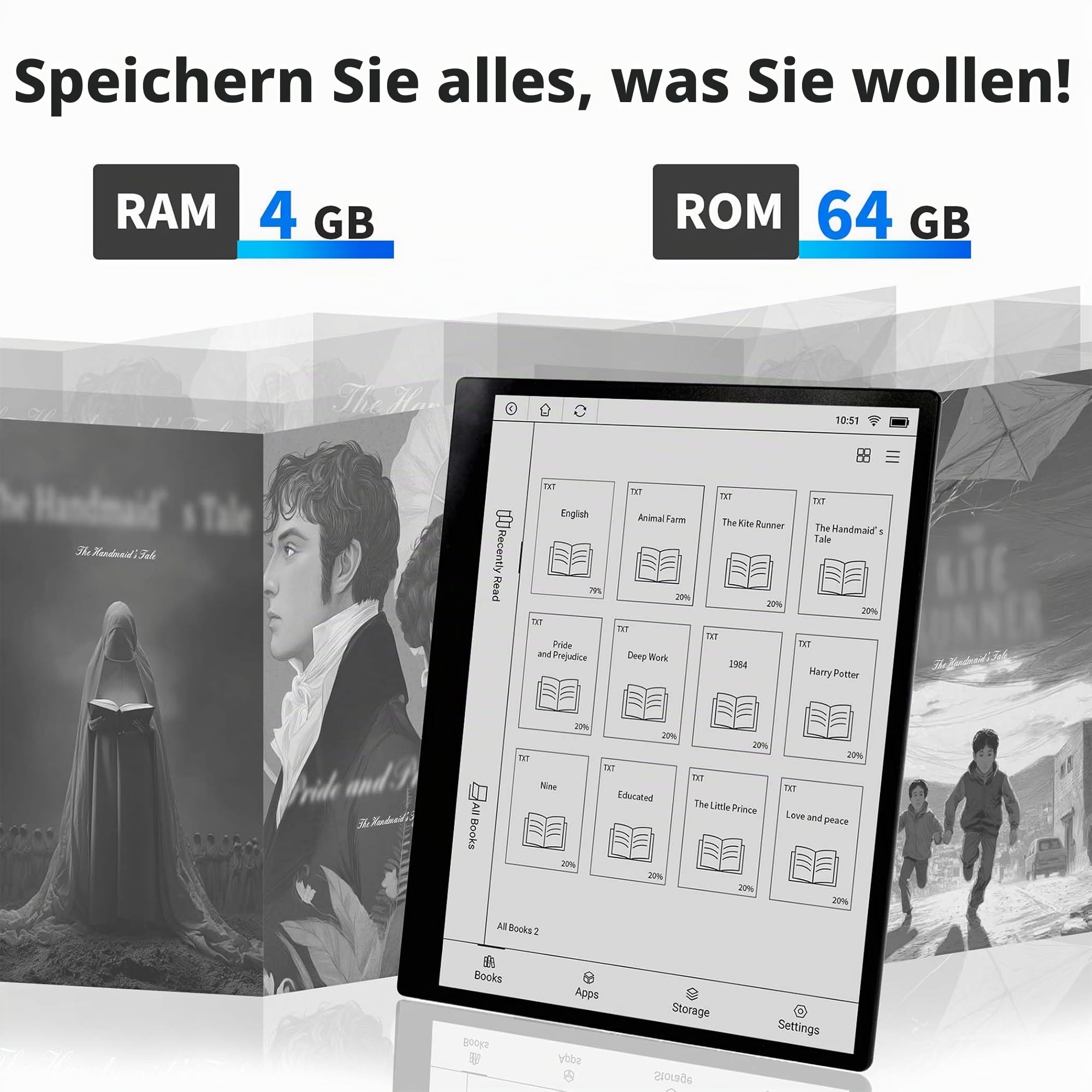 Lipa ET10 Ereader 10 Zoll - 64GB - 4GB RAM - Mehr Sprachen - Ebook & Hörbuch - E-Reader für Ebooks - Mit Google Playstore - Mit Hülle und Stylus Pen - E-Ink - Notizen möglich