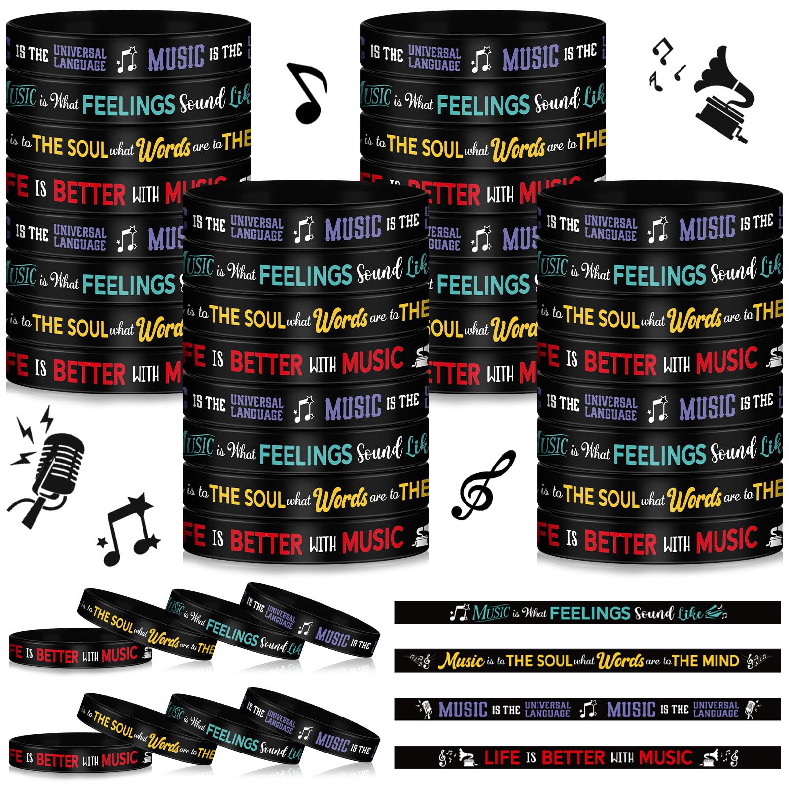 Landical 200 Pcs Music Silicone Bracelets Bulk Rubber Wristband with Inspirational Quote and Piano Notes Music Gifts Musical Event Party Favors for Teachers Adults Musician, 4 Styles