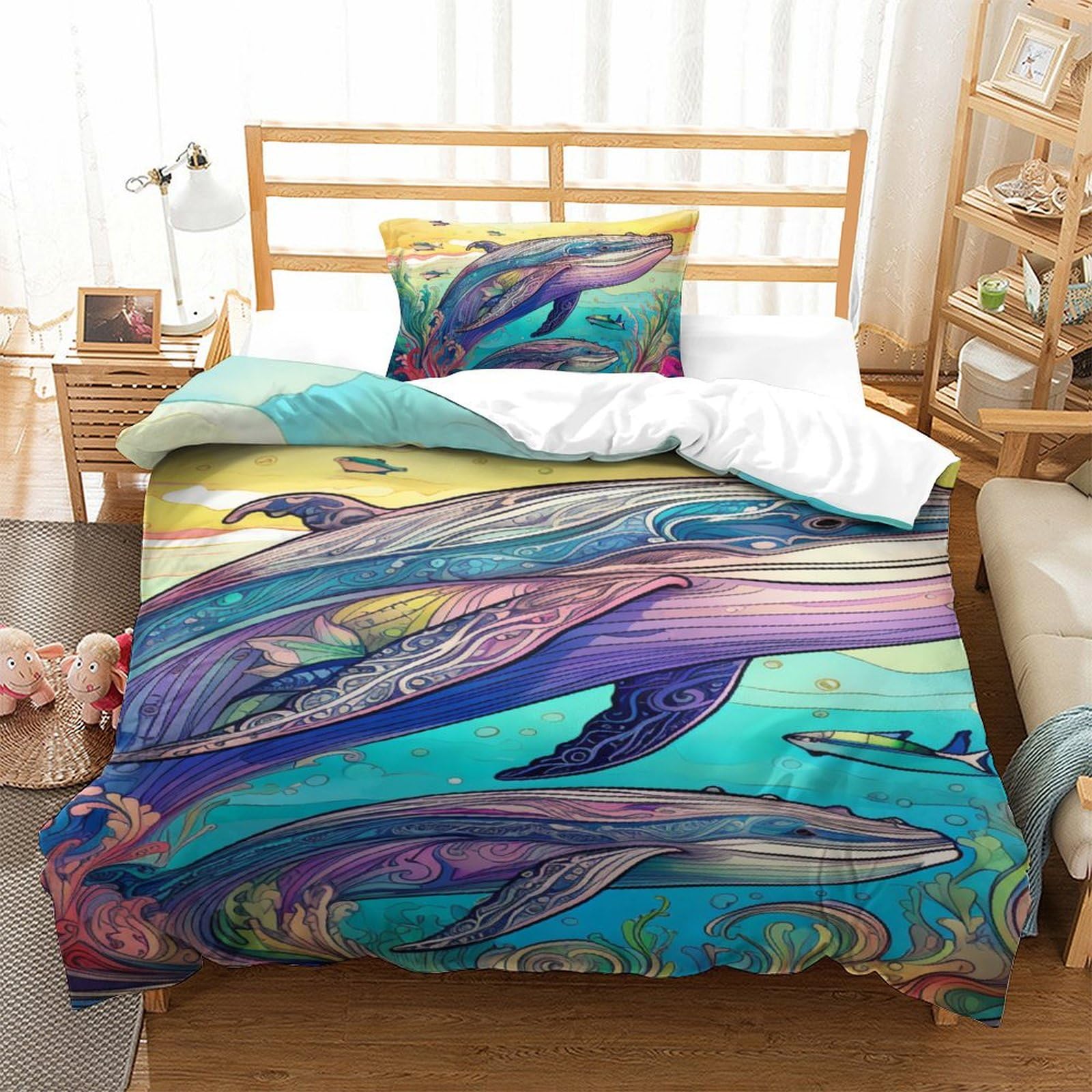 BARDYS Whale 3D Printed Duvet Cover Set 2 Pieces Bedspread Soft Easy Care with Zipper Closure,Pillowcases for Kids Girls Boys Adults Bedroom Single(135x200cm) — image 1