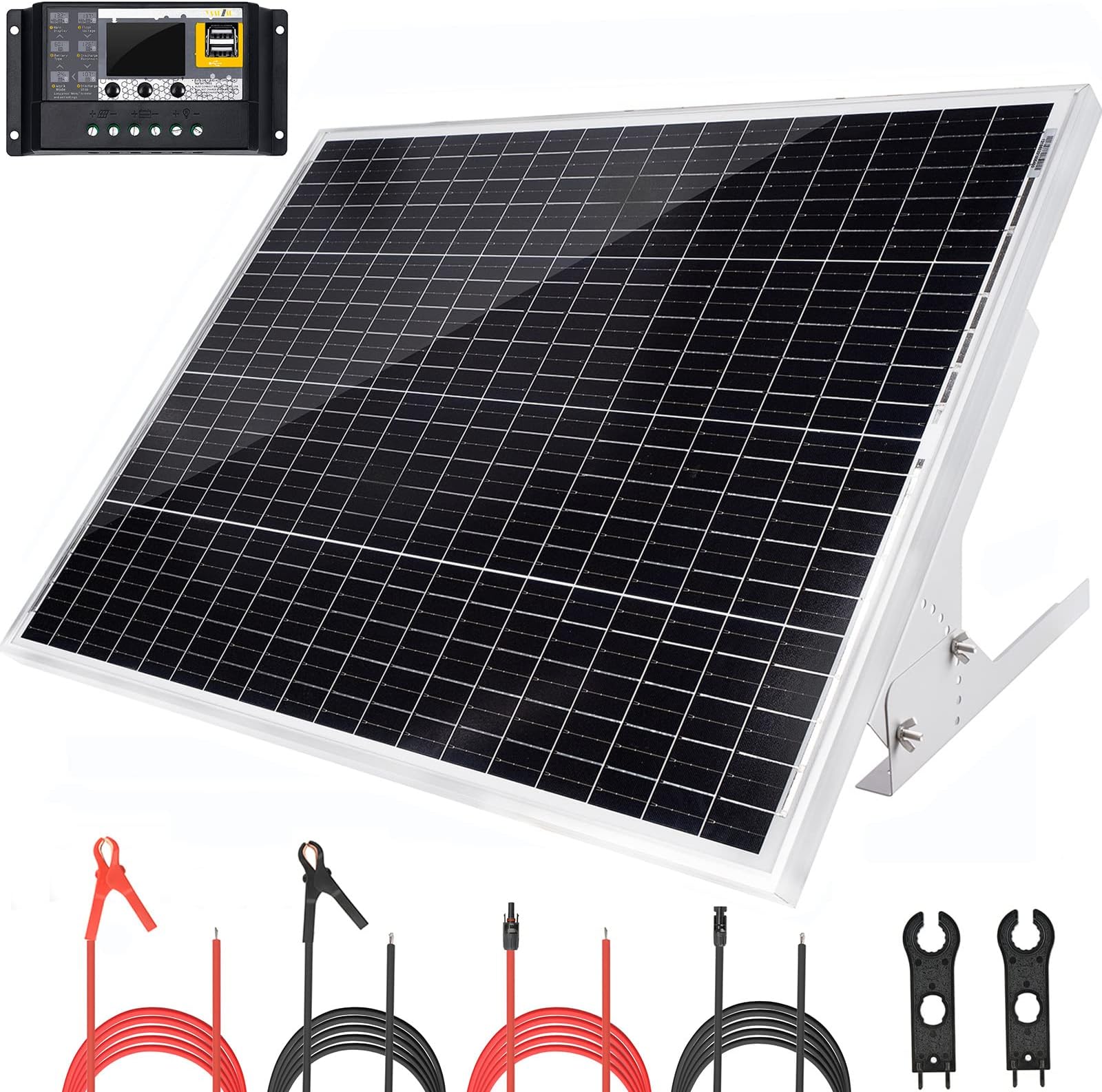 100 Watt 12V Solar Panel Kit with Adjustable Solar Panels Tilt Mount Brackets and 30A 12V/24V PWM Solar Charge Controller for 12V Battery RV Boat Homes and Any Off-Grid Applications