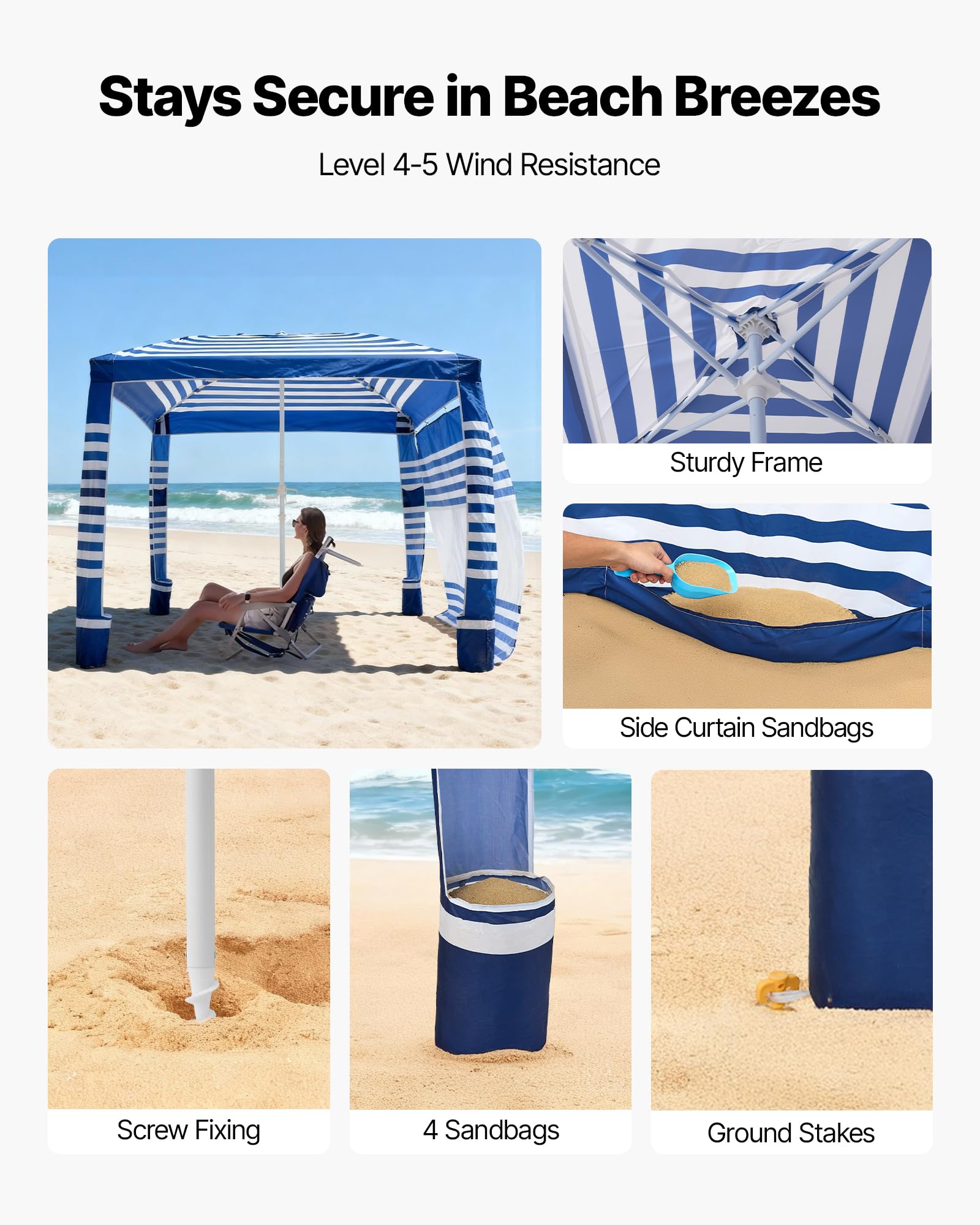 VEVOR Tenda da Spiaggia per Esterno 2438 x 2438 mm con Parete Laterale, Facile da Montare con Tasche per la Sabbia, Ombrellone Parasole Portatile Regolabile in Altezza, Striato Blu Scuro e Bianco
