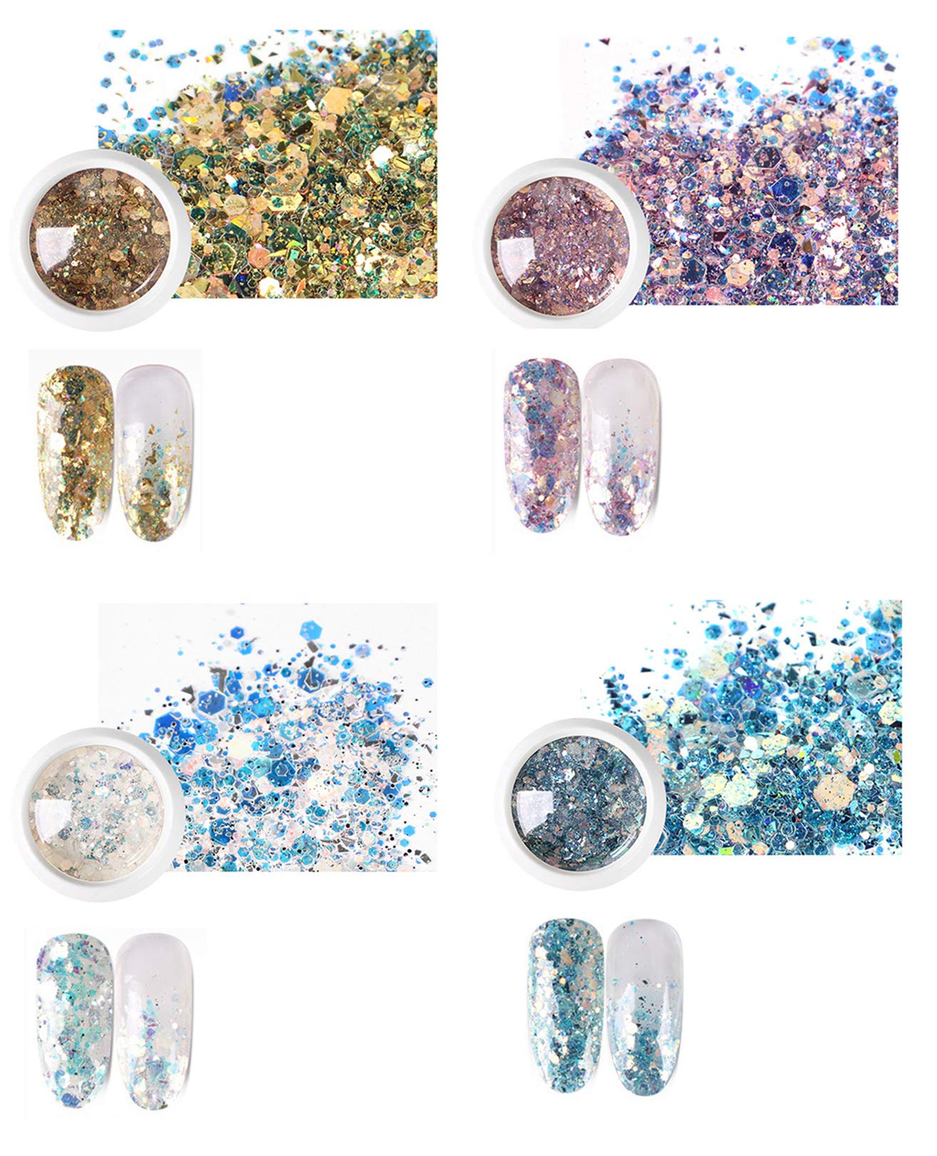4 PCS. DIY Nail Art Gradient Glitter Magic Changing Color Laser Thin Sequins Mixed Mirror Hexagon Shape Mermaid Flakes Spangles Palette Craft Glitters Holographic Manicure (4 PCS-2)