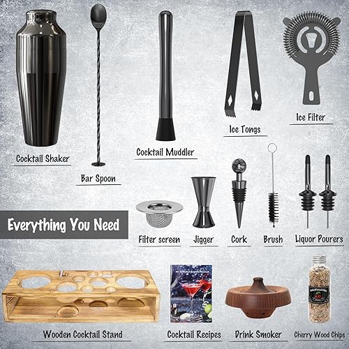 Miniatura 3 de Kit de camarero con kit de ahumador de cóctel, 15 piezas, accesorios de bar iTayga para el hogar, juego de bar con kit de ahumador de whisky, juego
