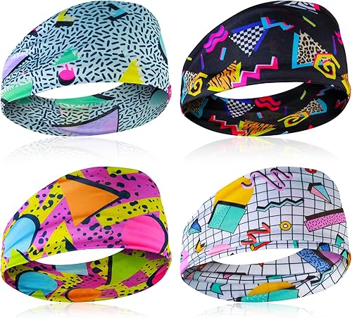 4 Pcs Retro Neon Head Wraps for Women, 80s 90s Style Bandana Headbands, Soft Yoga Sport Hairbands for Party, Hiking, Cycling, Running, Unisex