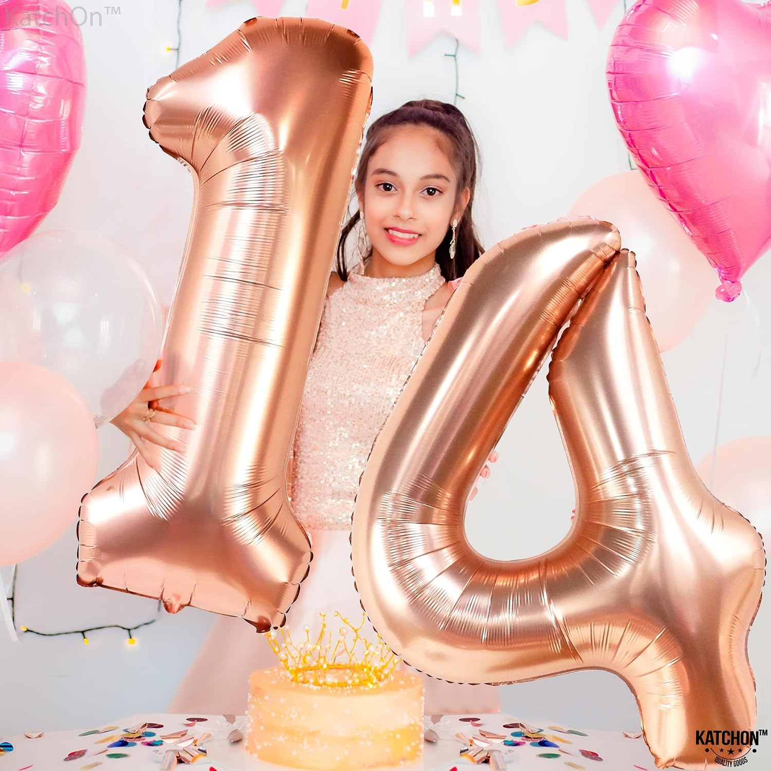 KatchOn, Giant Rose Gold 14 Balloon Numbers Set - 40 Inch | Happy 14th Birthday Decorations for Girls | 14th Birthday Balloons, 14 Year Old Party Decorations Girl | Rose Gold 14 Birthday Decorations