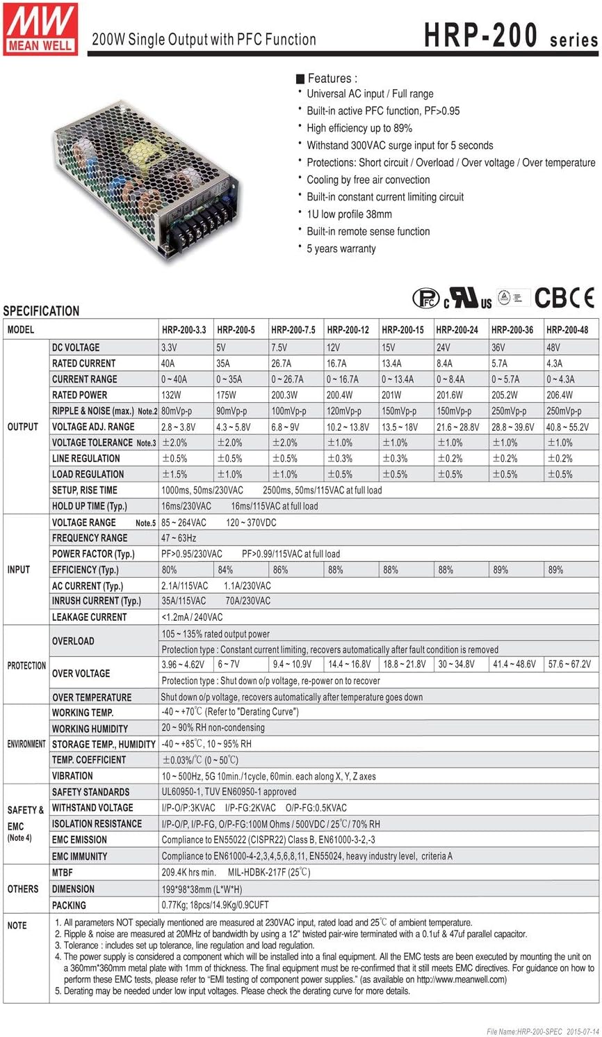HRP-200-12 single output 200W 16.7A 12V Power Supply HRP-200 with PFC function