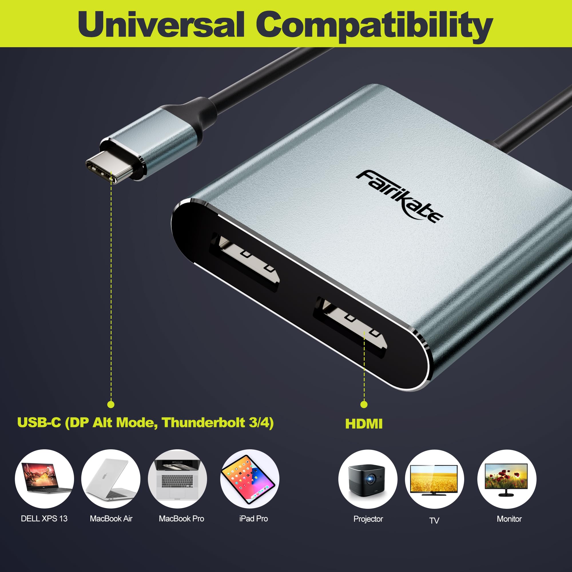 USB C to Dual DisplayPort MST Hub Splitter, USB Type C to Dual 4K@60Hz 2X DisplayPort 1.2 Adapter for Windows Laptop PC, Compatible with Thunderbolt 3