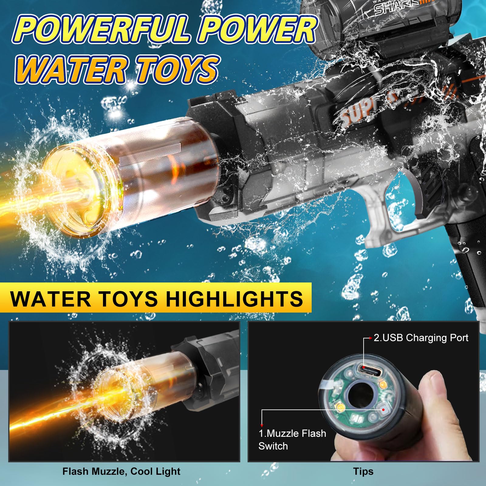 2Pcs Pistola de Agua eléctrica, Potente Pistola de Agua Eléctrica Alta Capacidad Pistolas de Agua Automáticas Playas y Jardines Verano al Aire Libre Juegos de Agua Juguete Blaster de Largo Alcance(A)