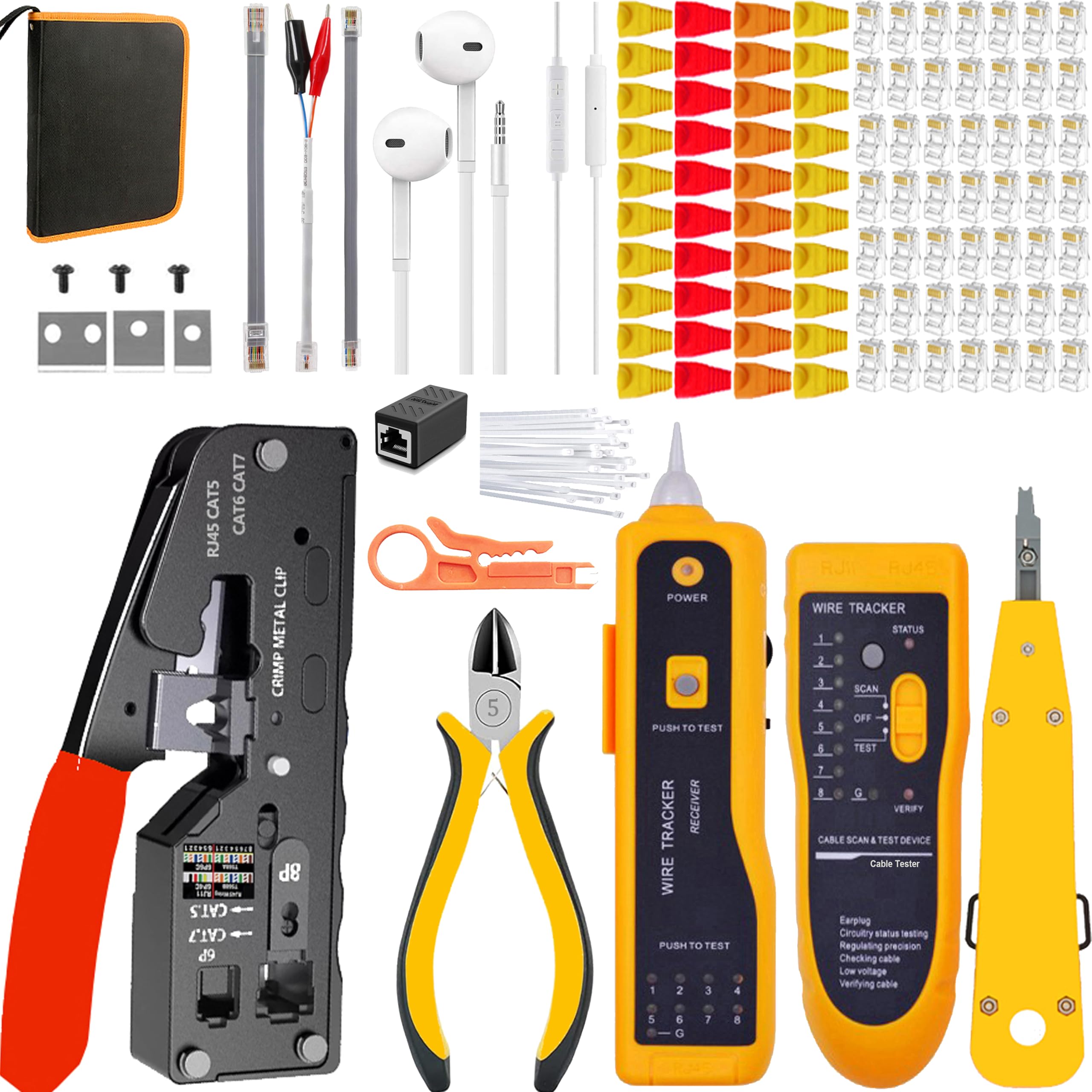 LEATBUY - Crimpatrice Cat5/Cat5e/Cat6 RJ45, set di crimpatura per RJ11/RJ12 pass-through per regolare fine pass-through con 50 connettori, 50 coperture spellafili di rete (arancione)