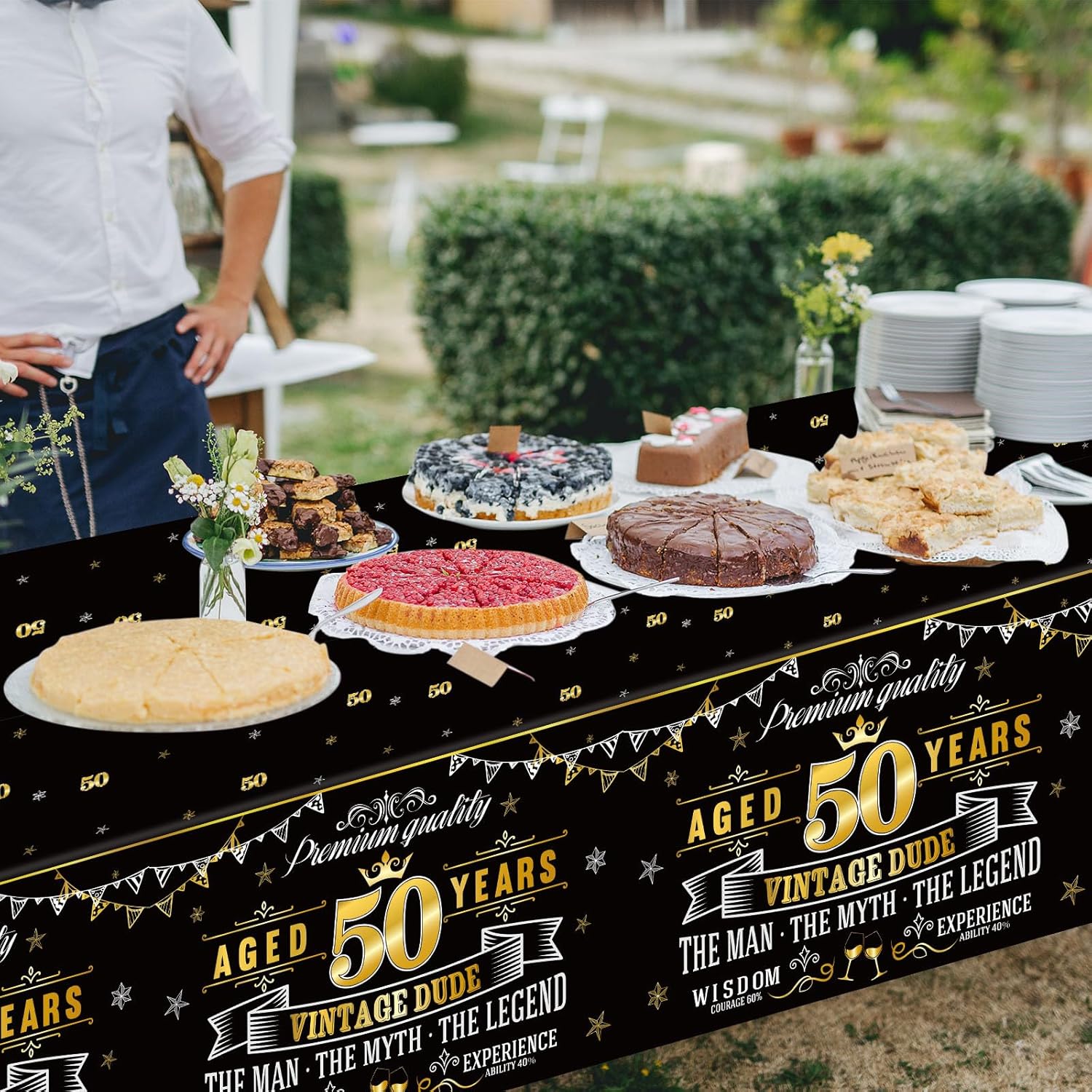 Vintage 50th Plastic Tablecloths - Black Gold Vintage Happy 50 Birthday Party Table Cloth - Cheers to 50 Years Party Decorations for Men - 12 Packs (12)