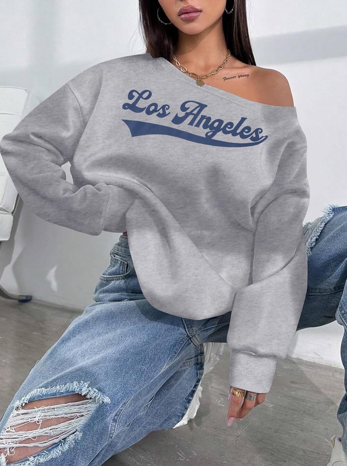 FASHGL Women's Off The Shoulder Sweatshirts Tops Oversized Sweatshirt Streetwear Y2K Jersey Number Graphic Long Sleeve - Image 2