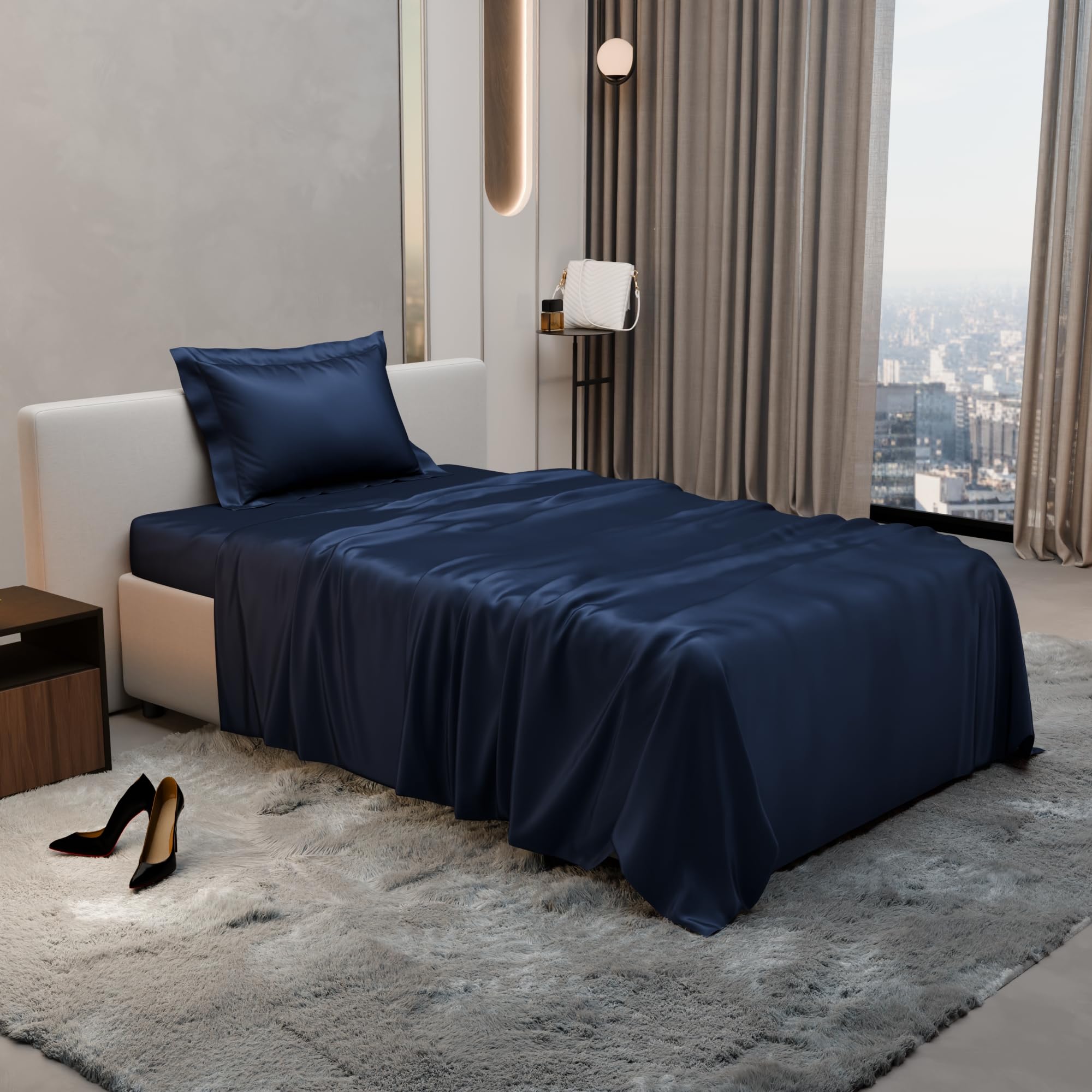 Stoa Paris Single Bedsheet with 1 Pillow Cover, 300TC Satin Premium Bedding Set, Home Decor, Wedding Gift for Couples, Housewarming, Anniversary, Date Night - Mystique Blue